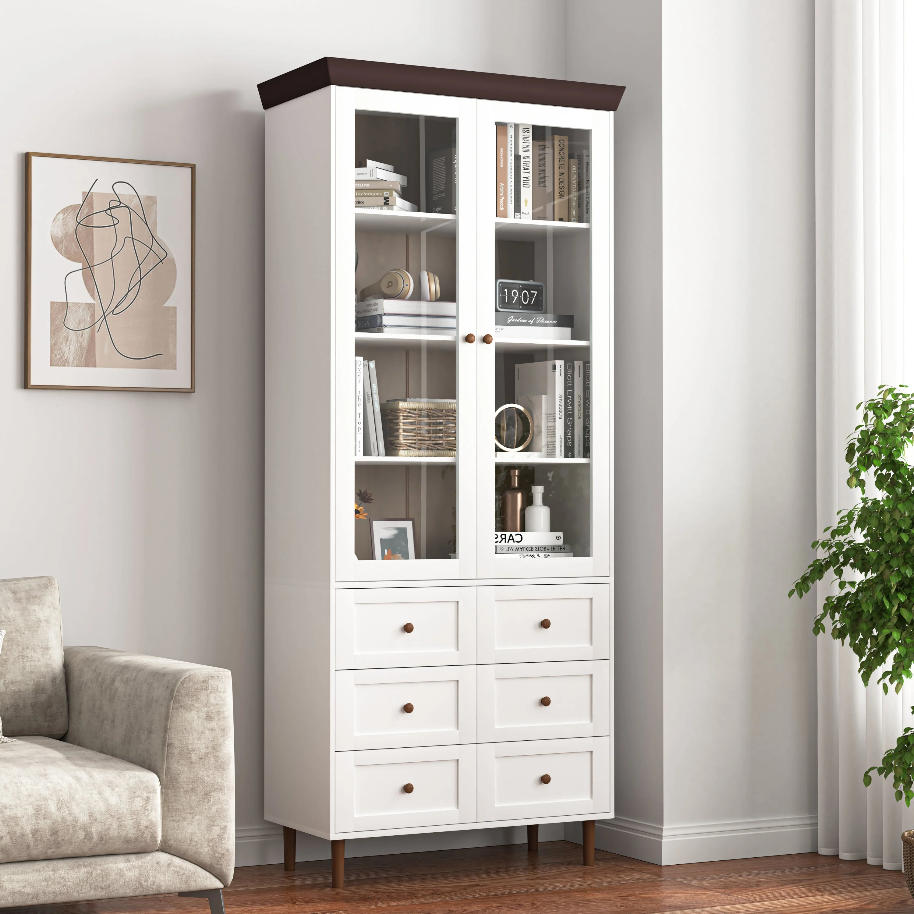 White MDF Display Storage Cabinet with Glass Doors and Adjustable Shelves - Image 2