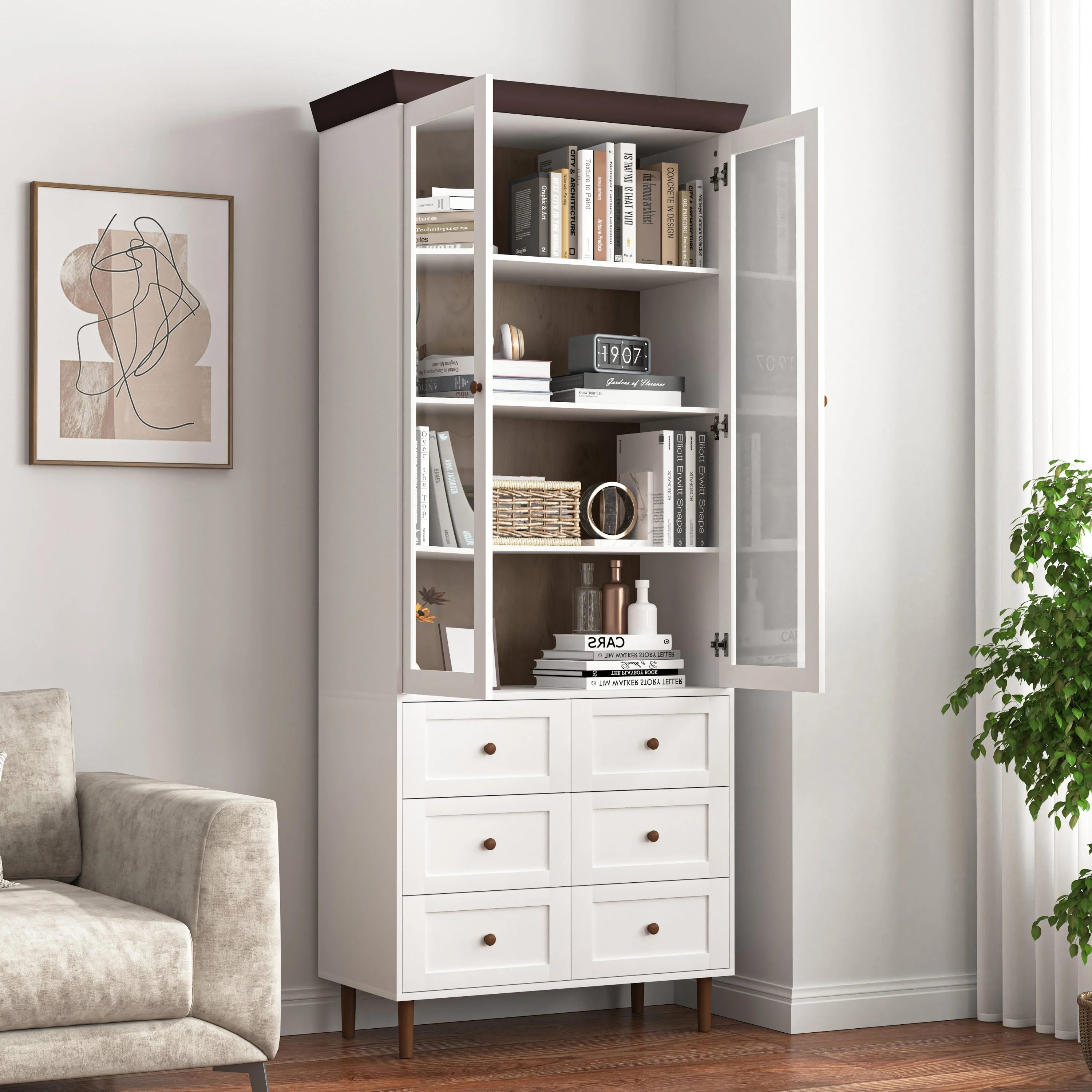 White MDF Display Storage Cabinet with Glass Doors and Adjustable Shelves - Image 3