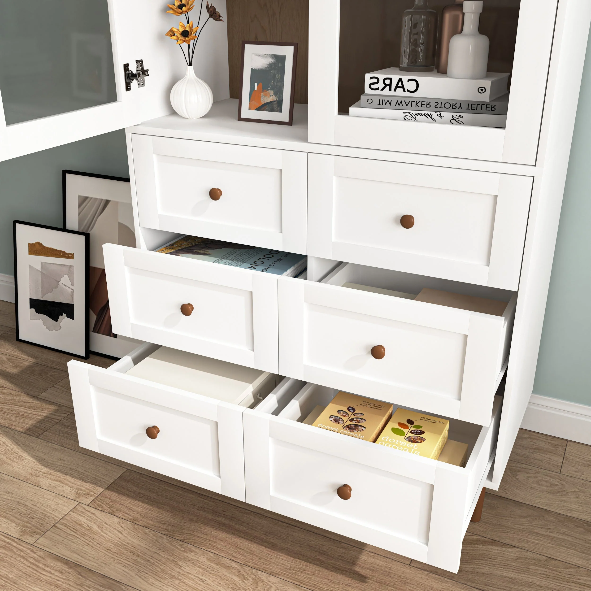 White MDF Display Storage Cabinet with Glass Doors and Adjustable Shelves - Image 8