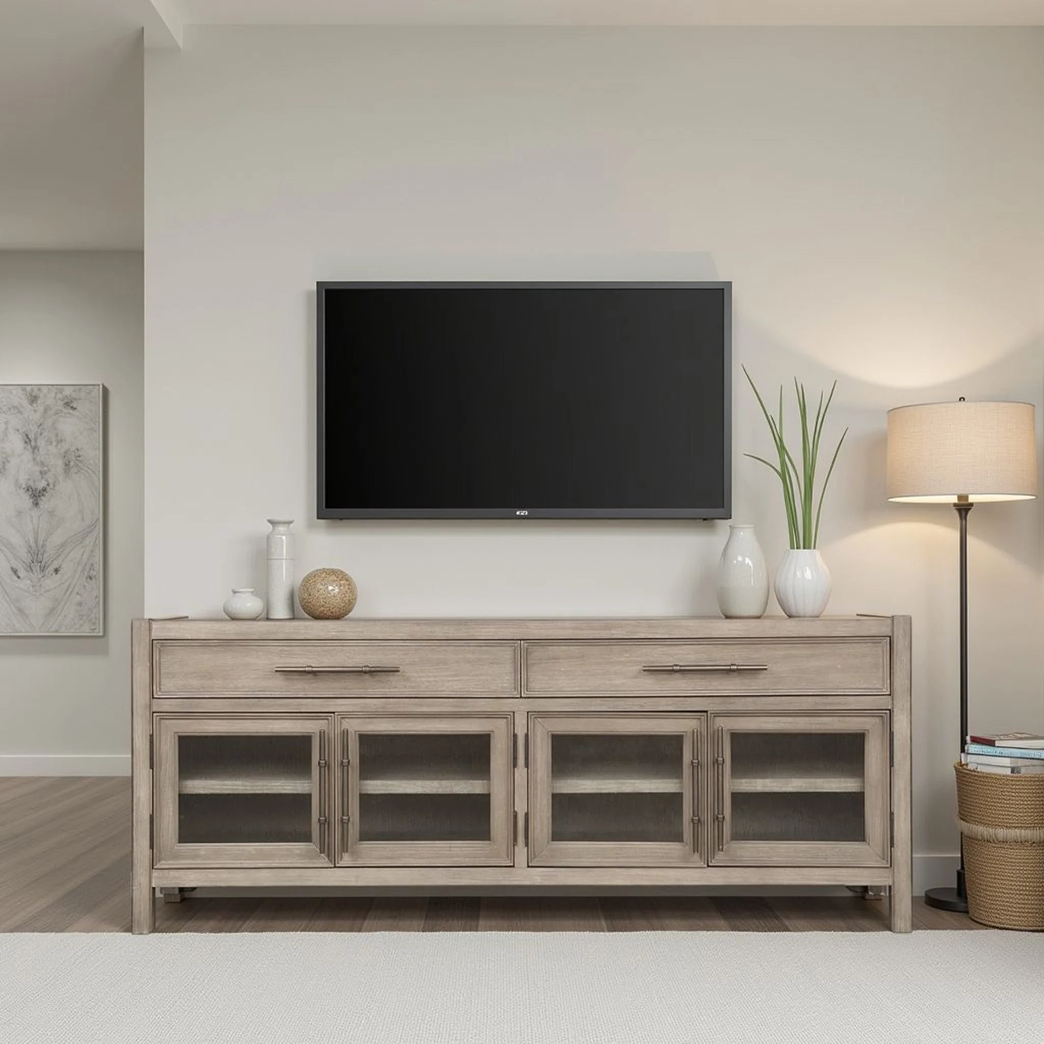 White Oak TV Console with Seeded Glass Doors - Image 4