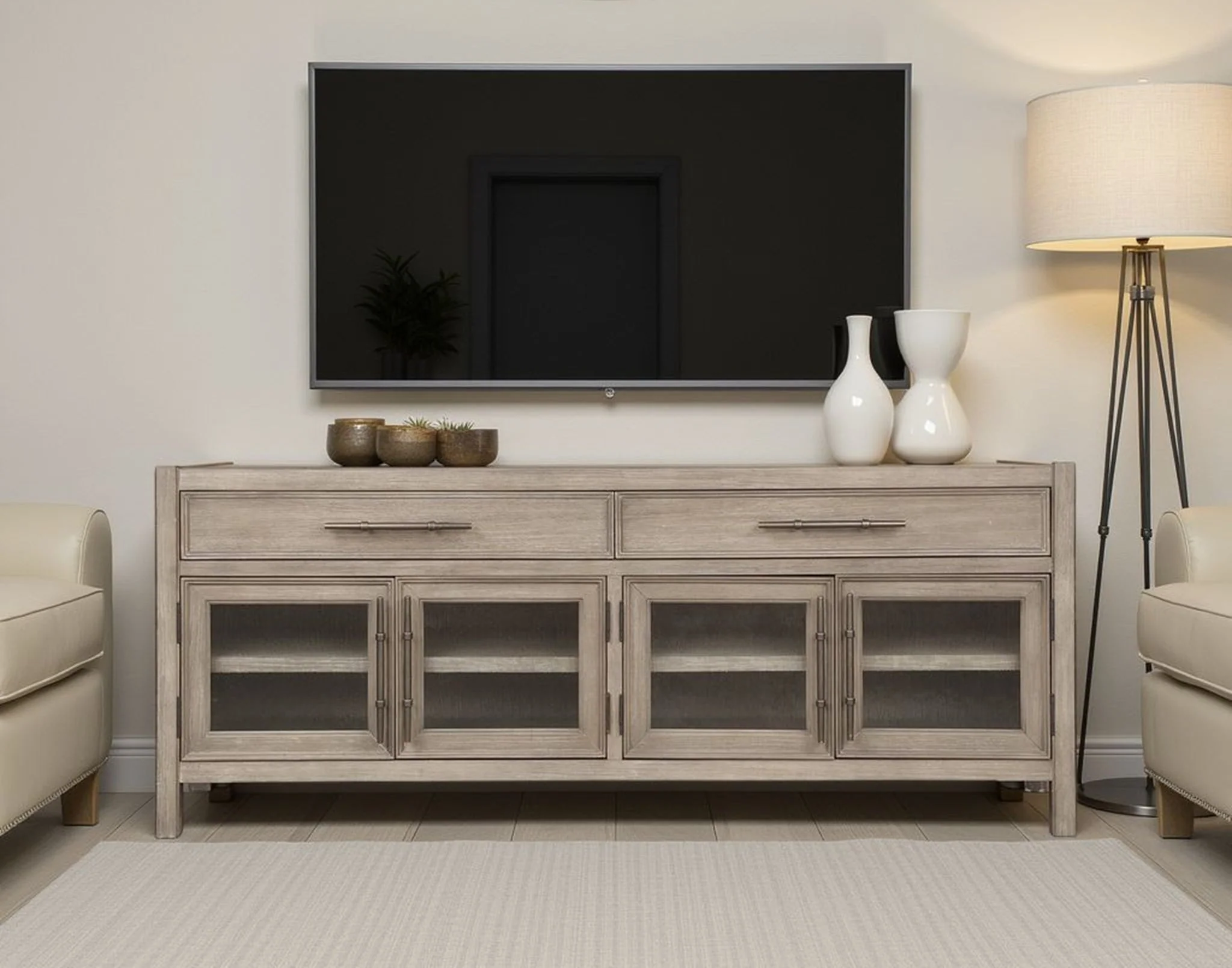 White Oak TV Console with Seeded Glass Doors - Image 5