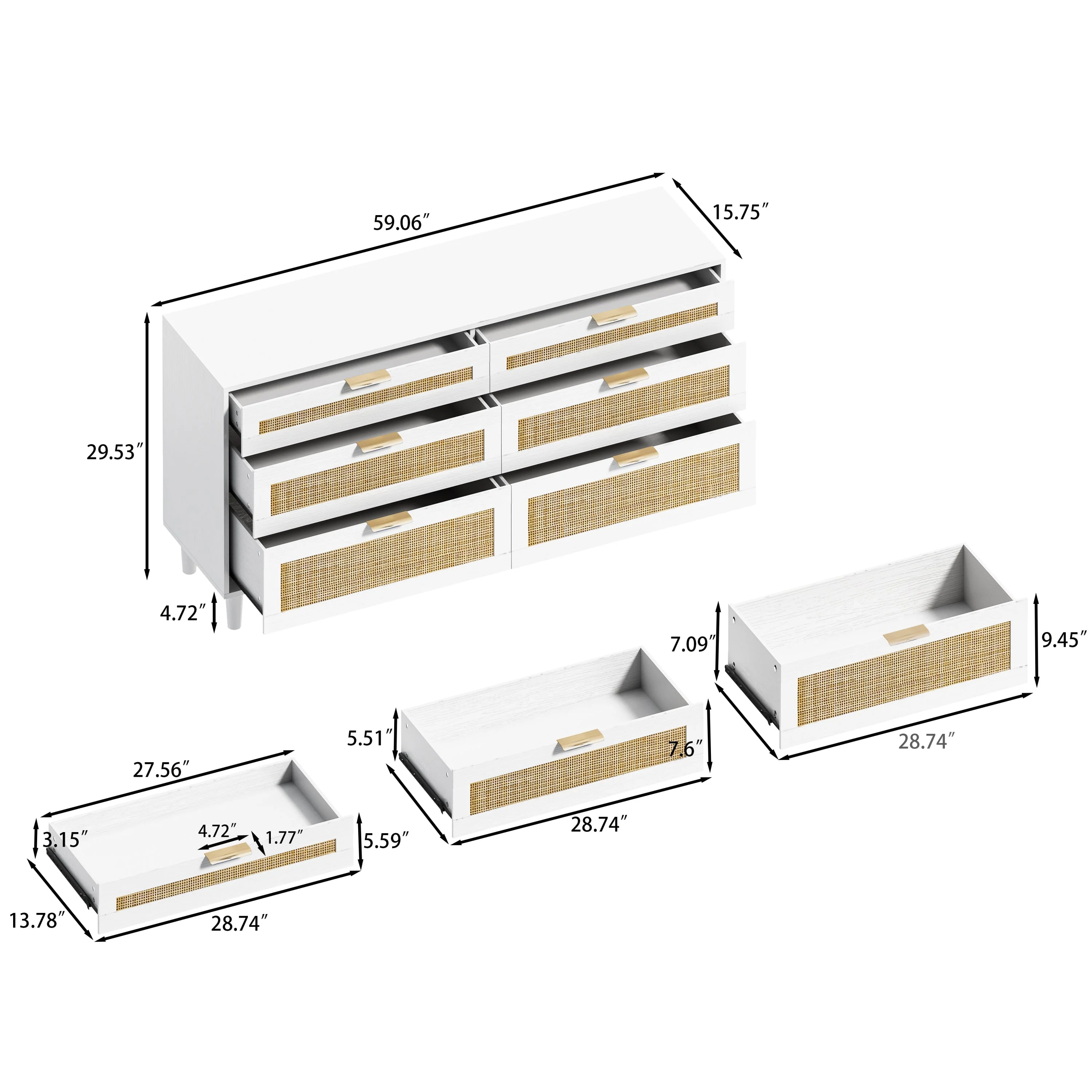 White Rattan Dresser with 6 Drawers, Metal Handles & Wood Legs - Image 10