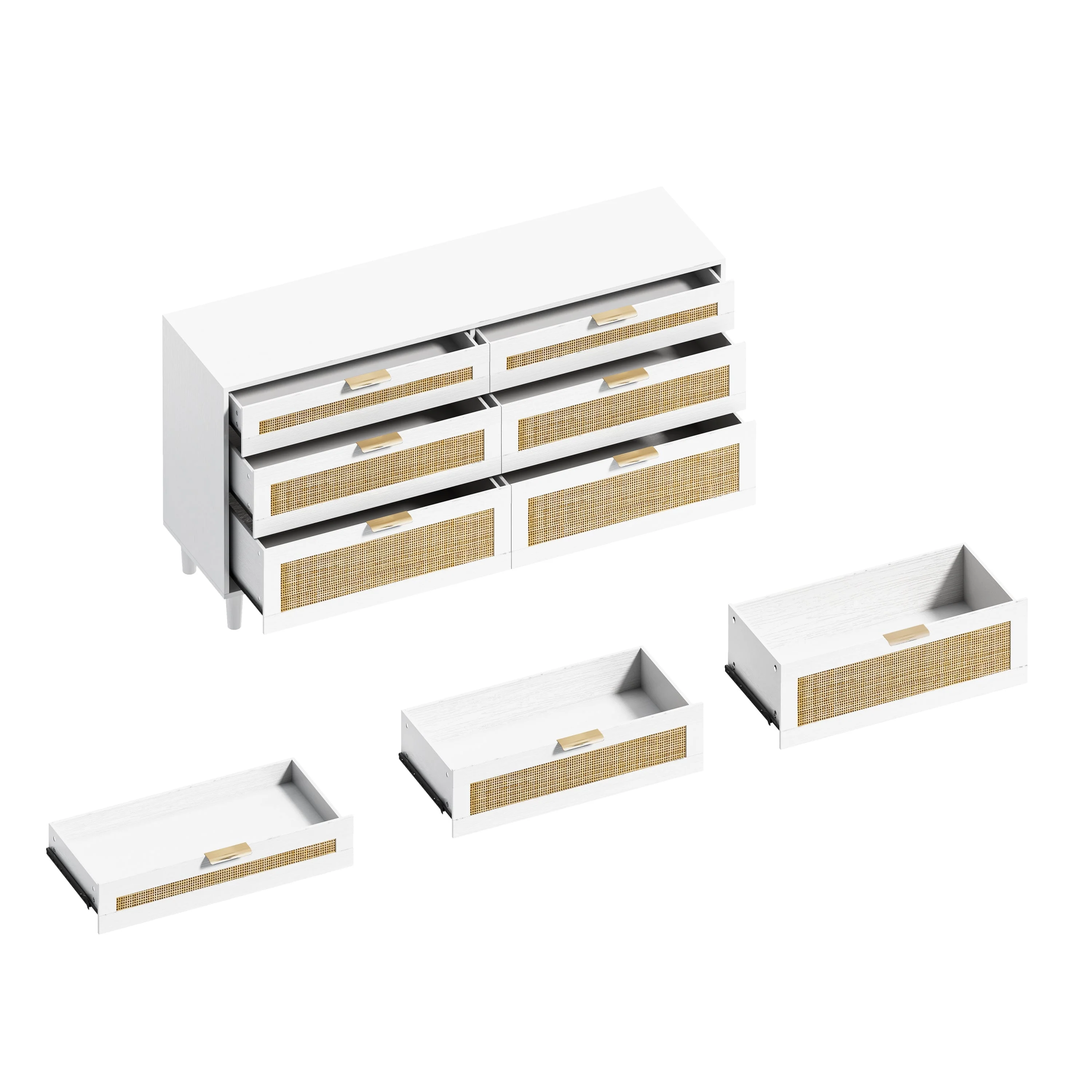 White Rattan Dresser with 6 Drawers, Metal Handles & Wood Legs - Image 11