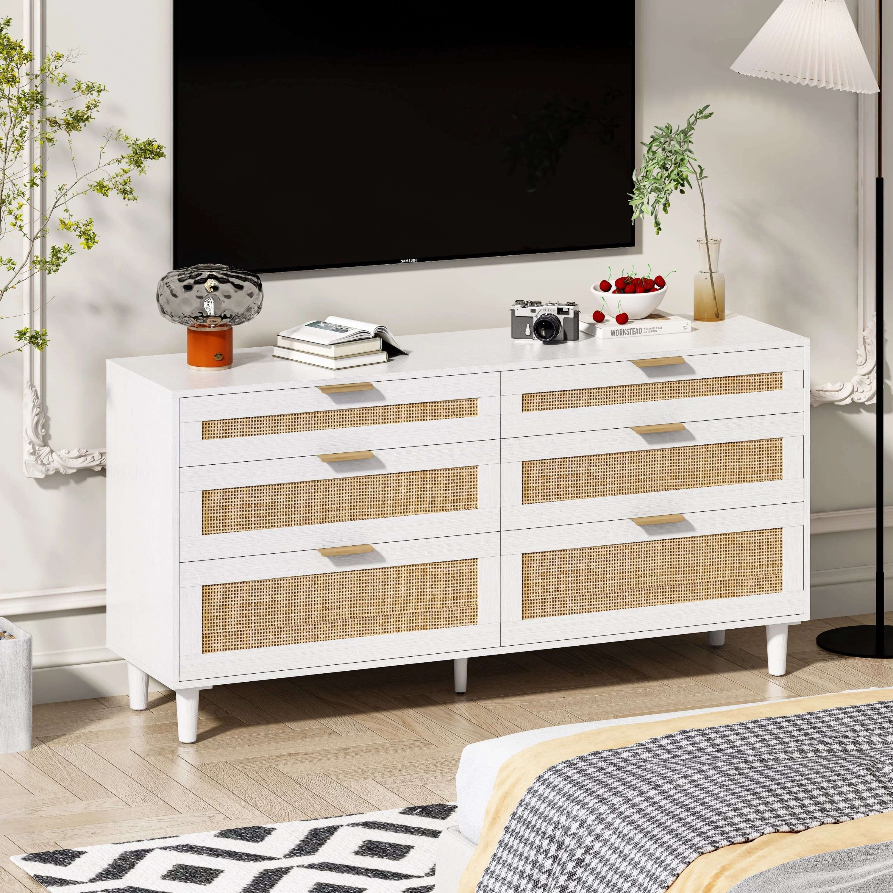 White Rattan Dresser with 6 Drawers, Metal Handles & Wood Legs - Image 2