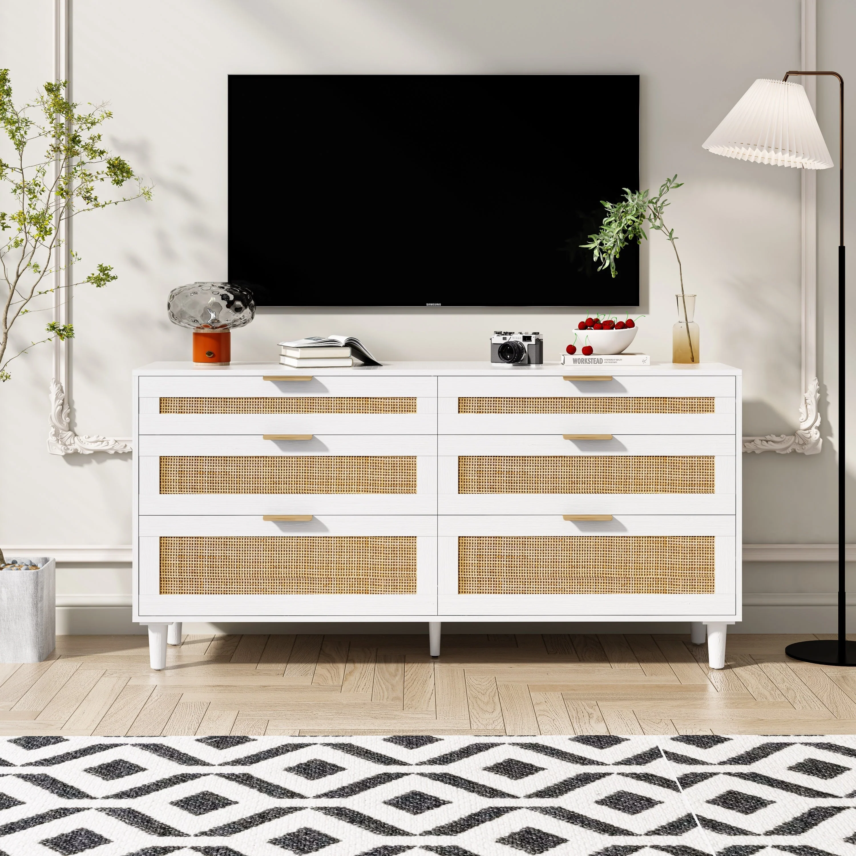 White Rattan Dresser with 6 Drawers, Metal Handles & Wood Legs - Image 3