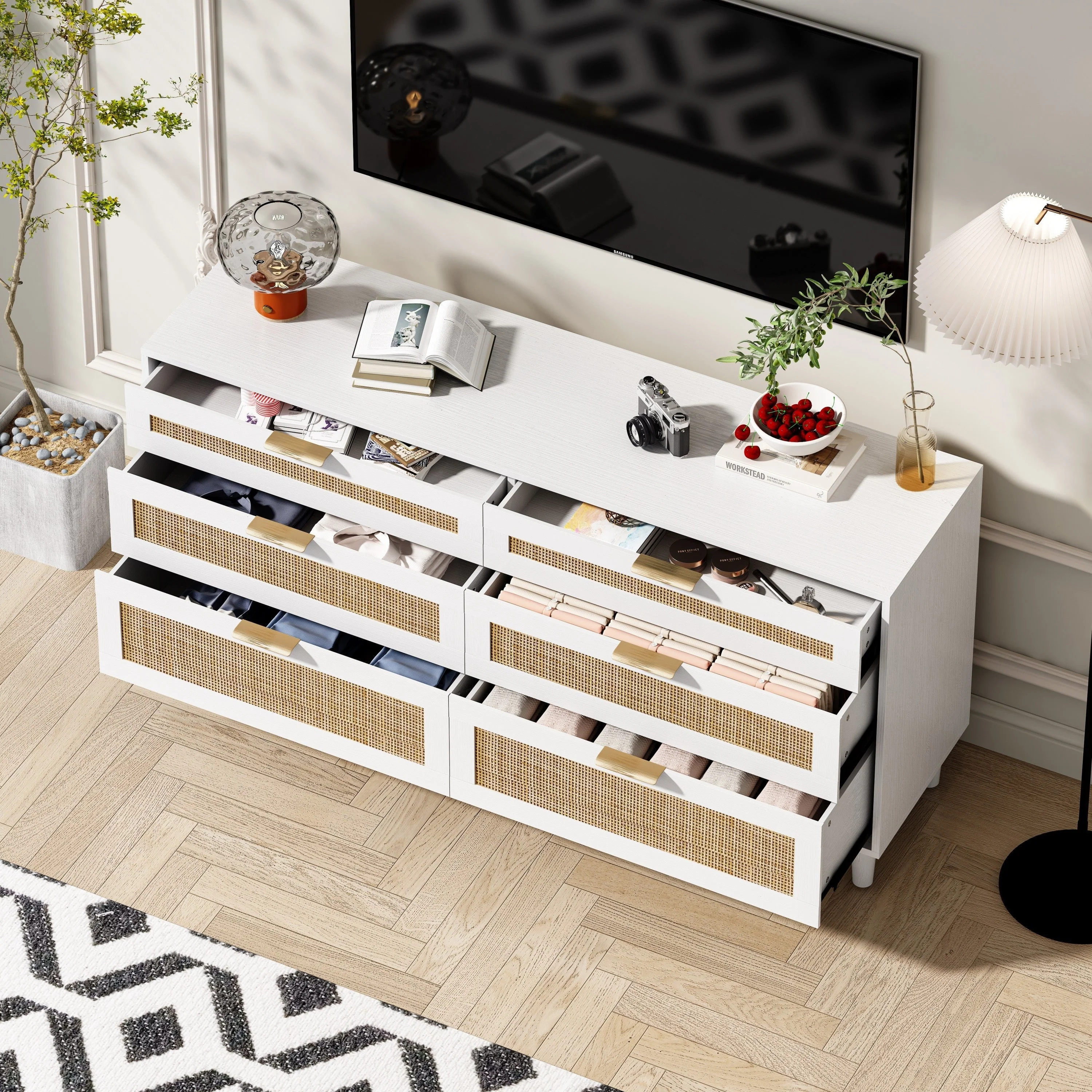 White Rattan Dresser with 6 Drawers, Metal Handles & Wood Legs - Image 4