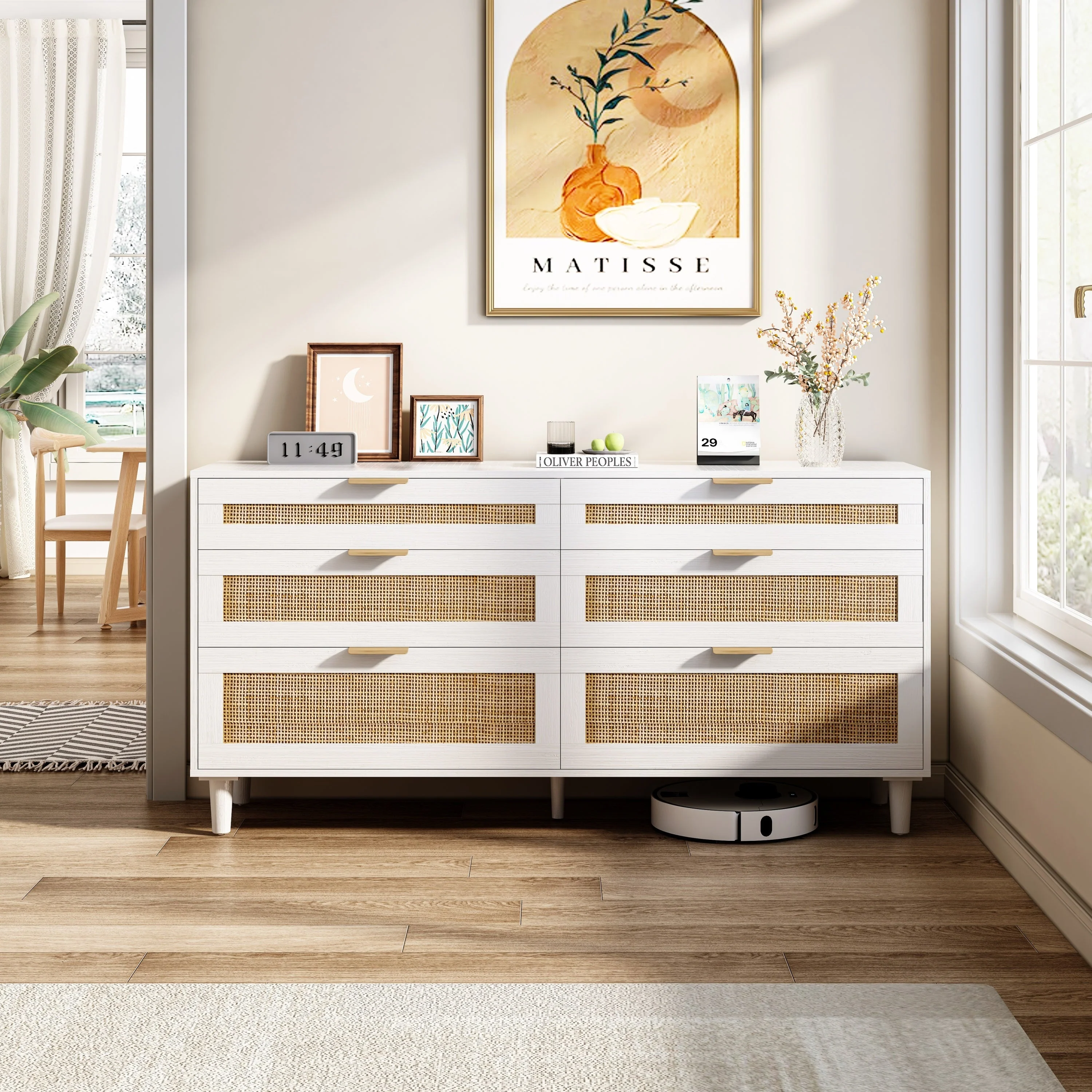 White Rattan Dresser with 6 Drawers, Metal Handles & Wood Legs - Image 5