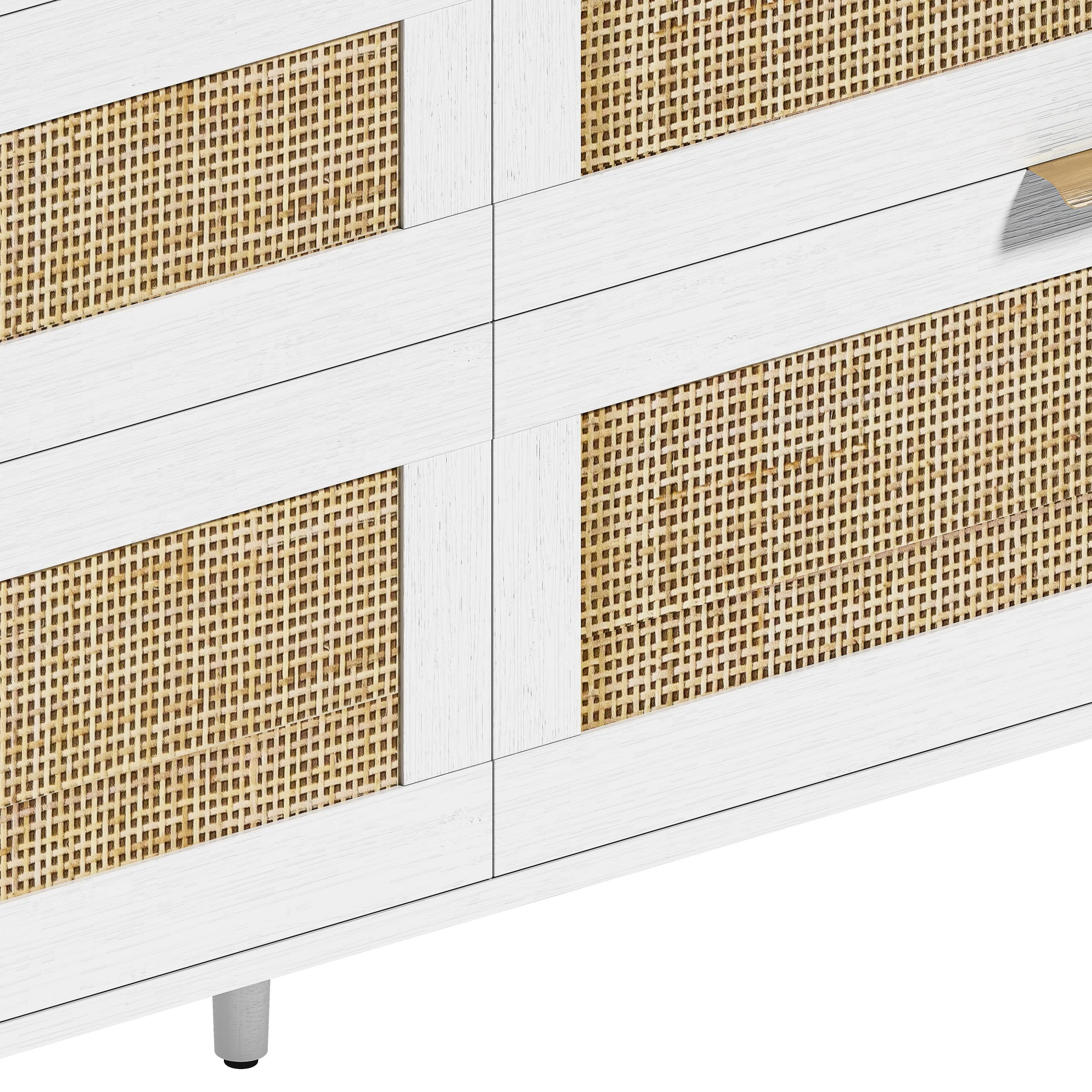 White Rattan Dresser with 6 Drawers, Metal Handles & Wood Legs - Image 9