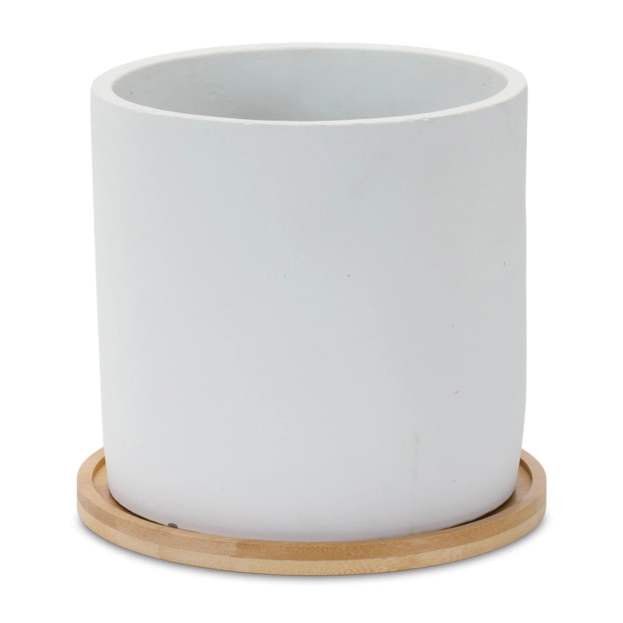 White Stone Planter with Wood Plate (Set of 2) - Image 2