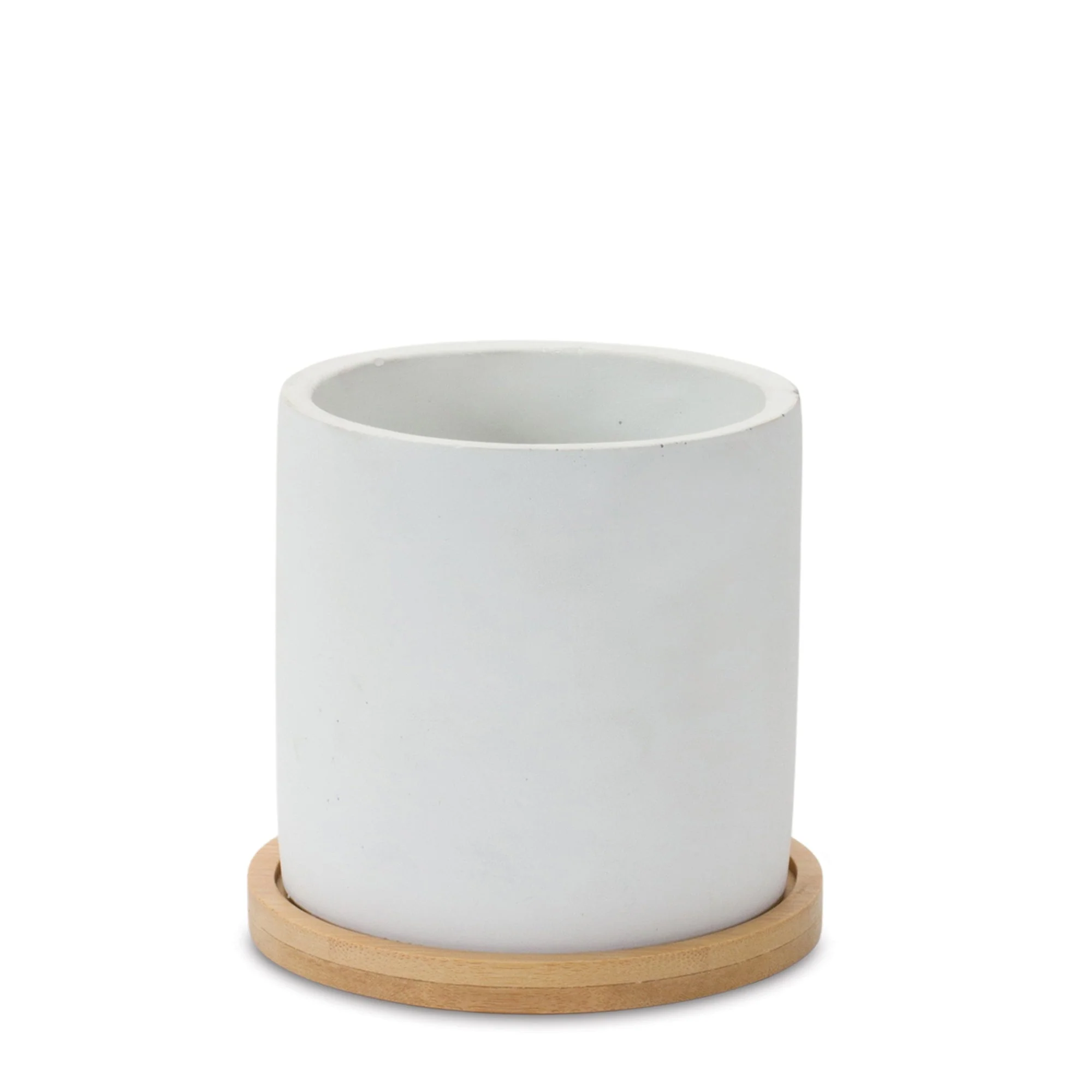 White Stone Planter with Wood Plate (Set of 2) - Image 3