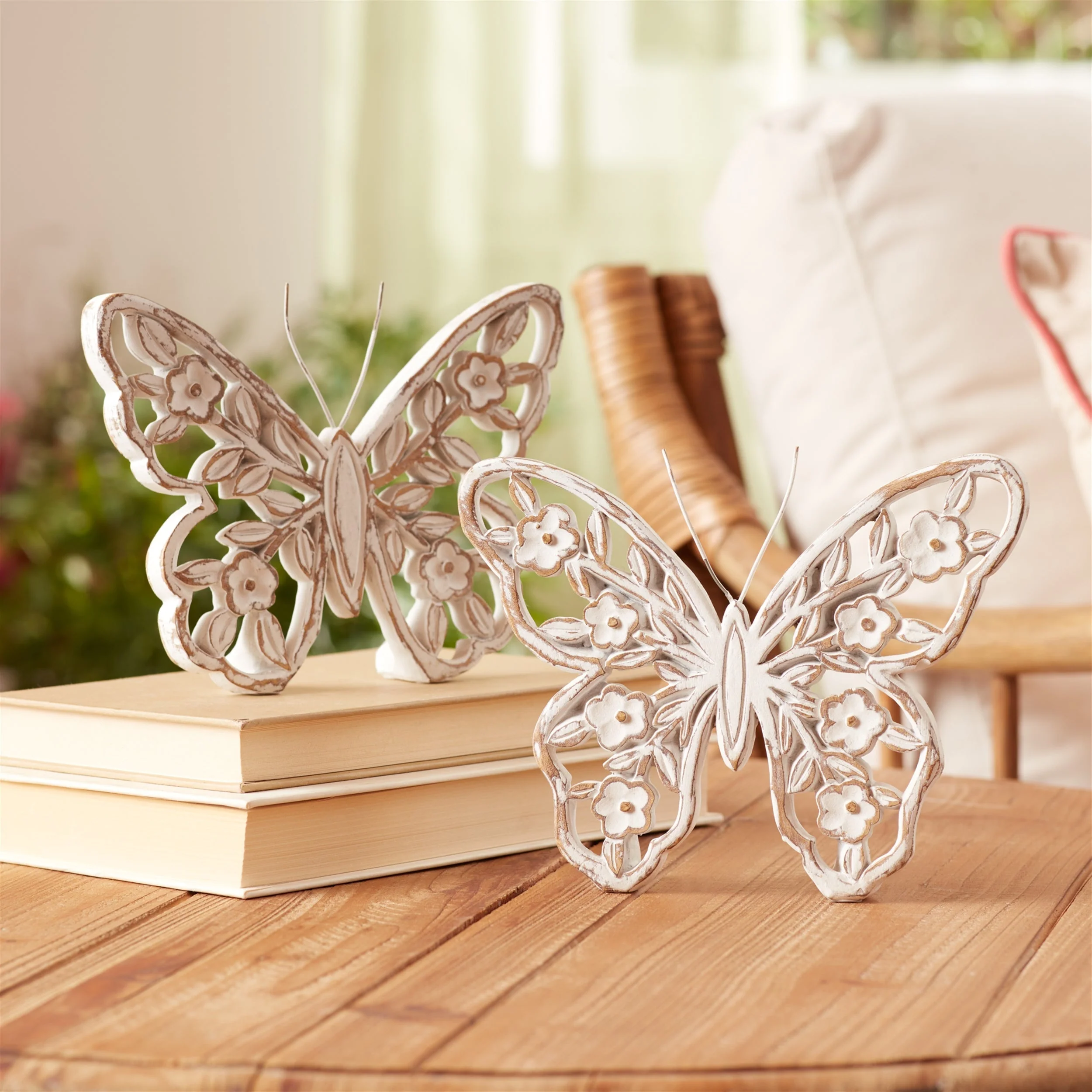 White Washed Floral Butterfly Decor (Set of 2) - Image 2