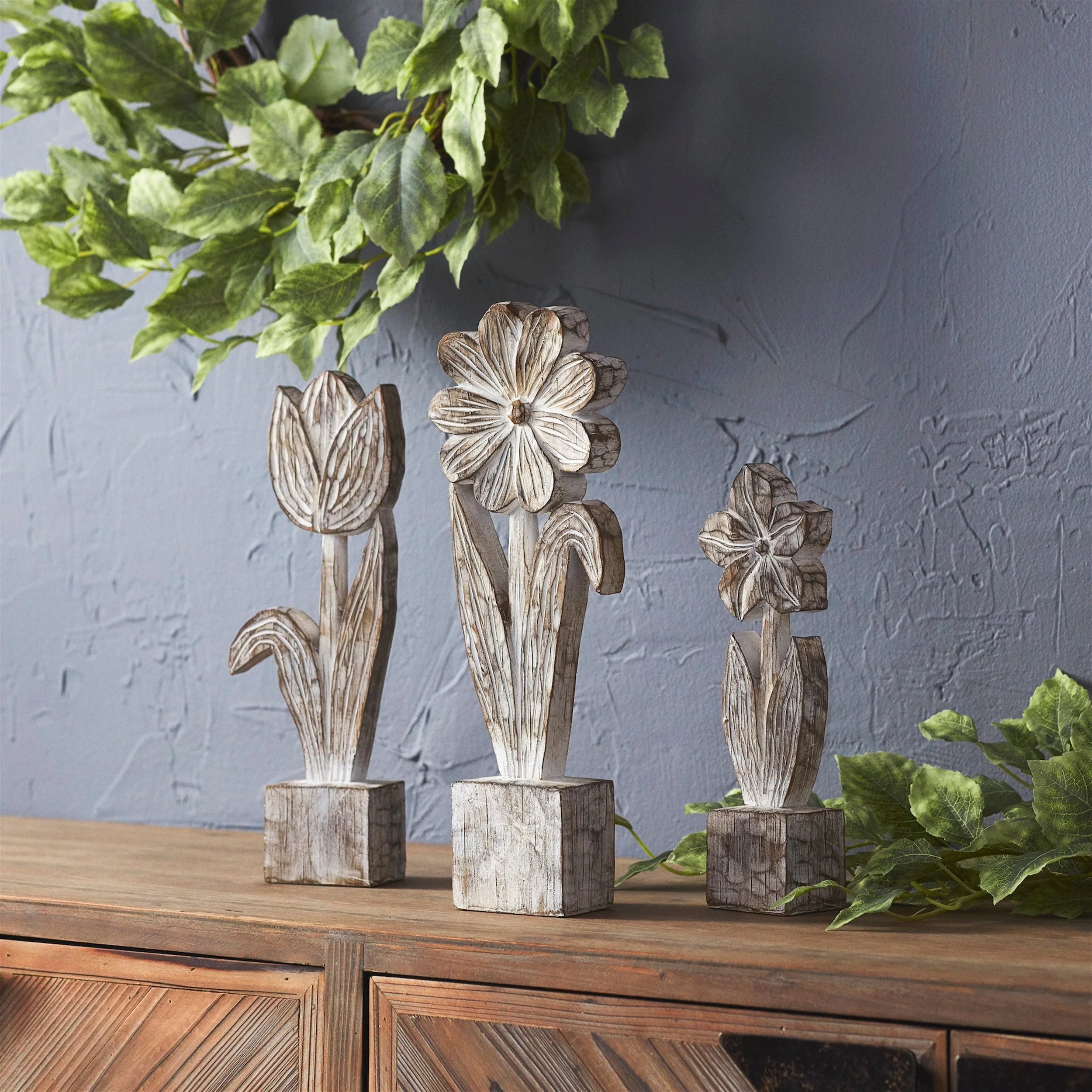 White Washed Potted Floral Sculpture (Set of 3) - Image 2
