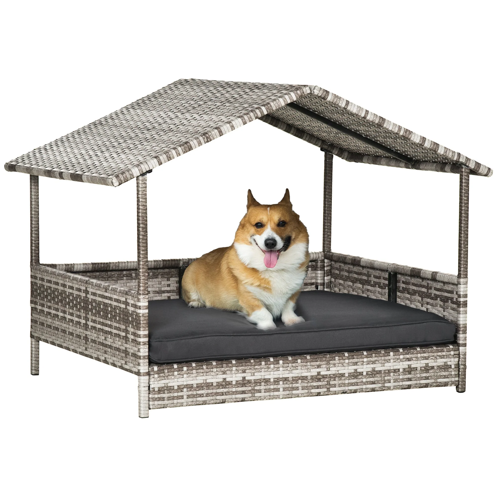 Wicker Dog House Outdoor with Canopy and Water-Resistant Cushion - Image 2