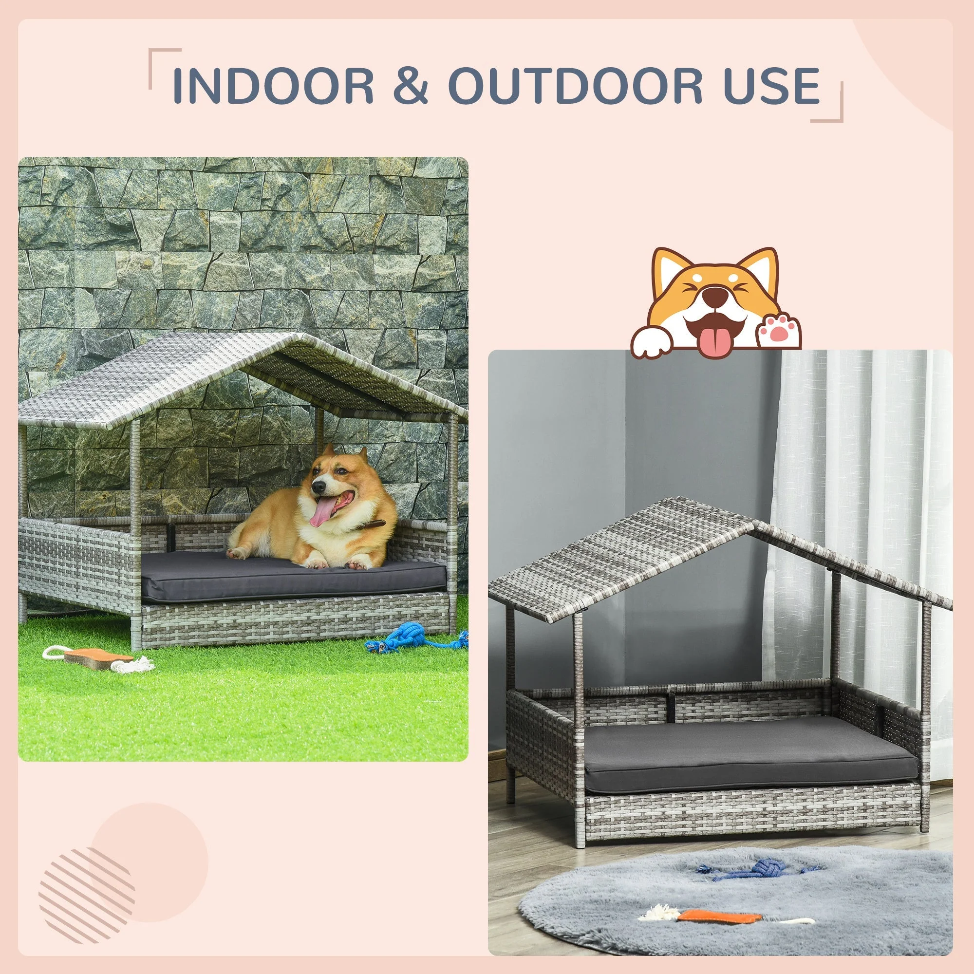 Wicker Dog House Outdoor with Canopy and Water-Resistant Cushion - Image 4