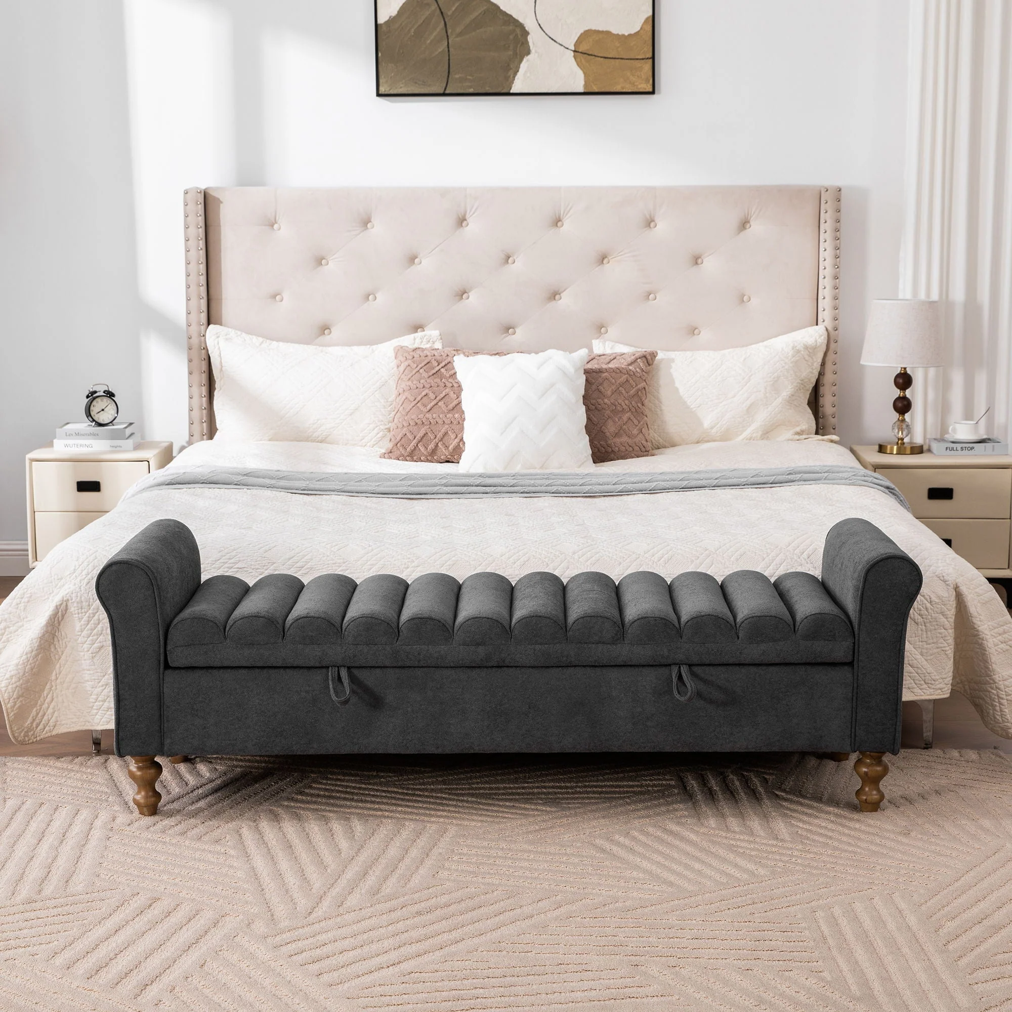 Wide Modern Upholstered Storage Bench With Rolled Armrest - Image 3
