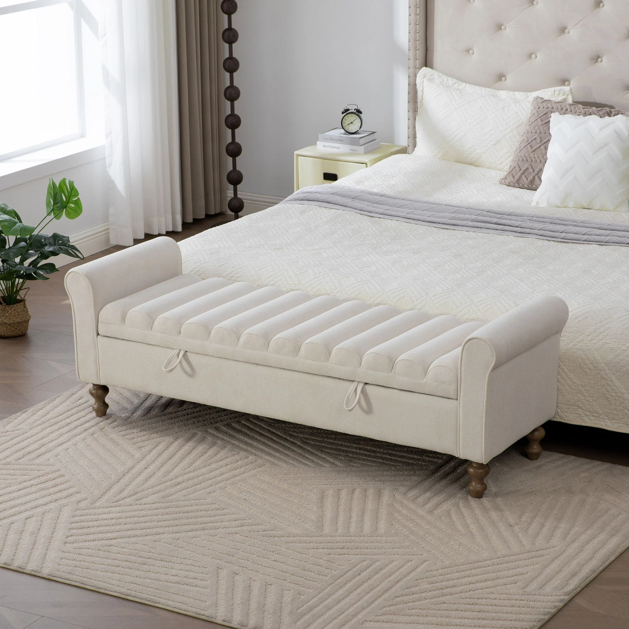 Wide Modern Upholstered Storage Bench With Rolled Armrest - Image 4