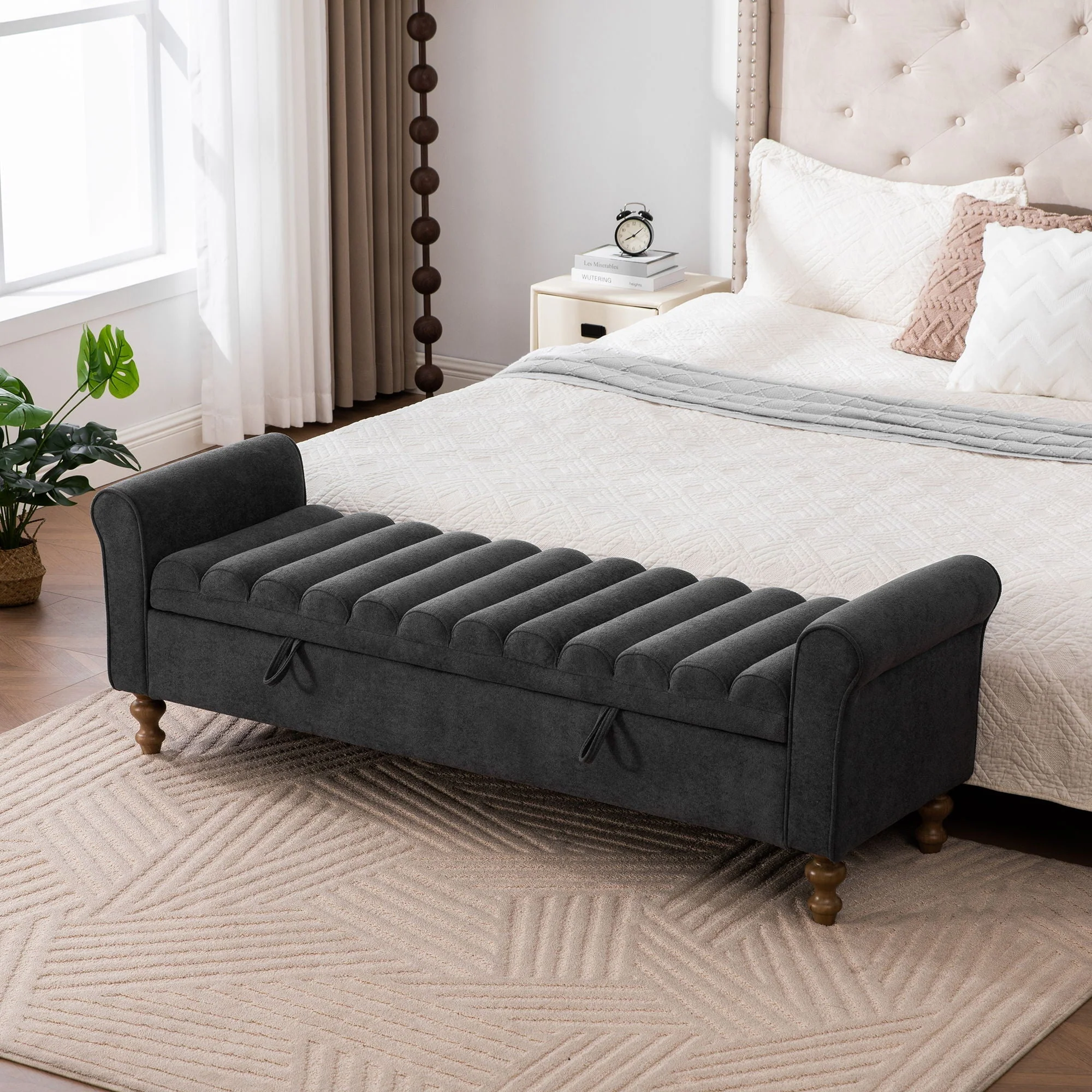 Wide Modern Upholstered Storage Bench With Rolled Armrest - Image 5