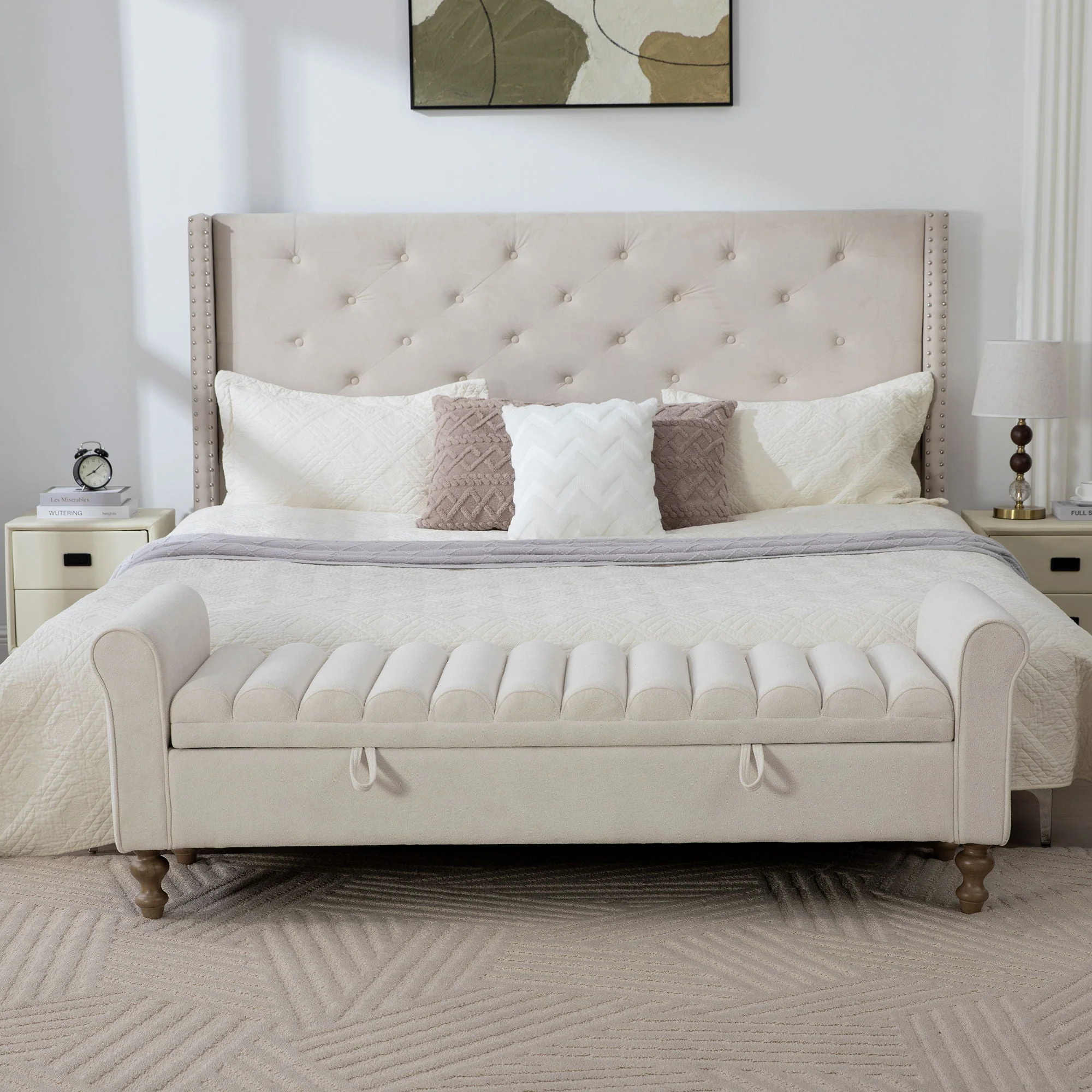 Wide Modern Upholstered Storage Bench With Rolled Armrest - Image 7