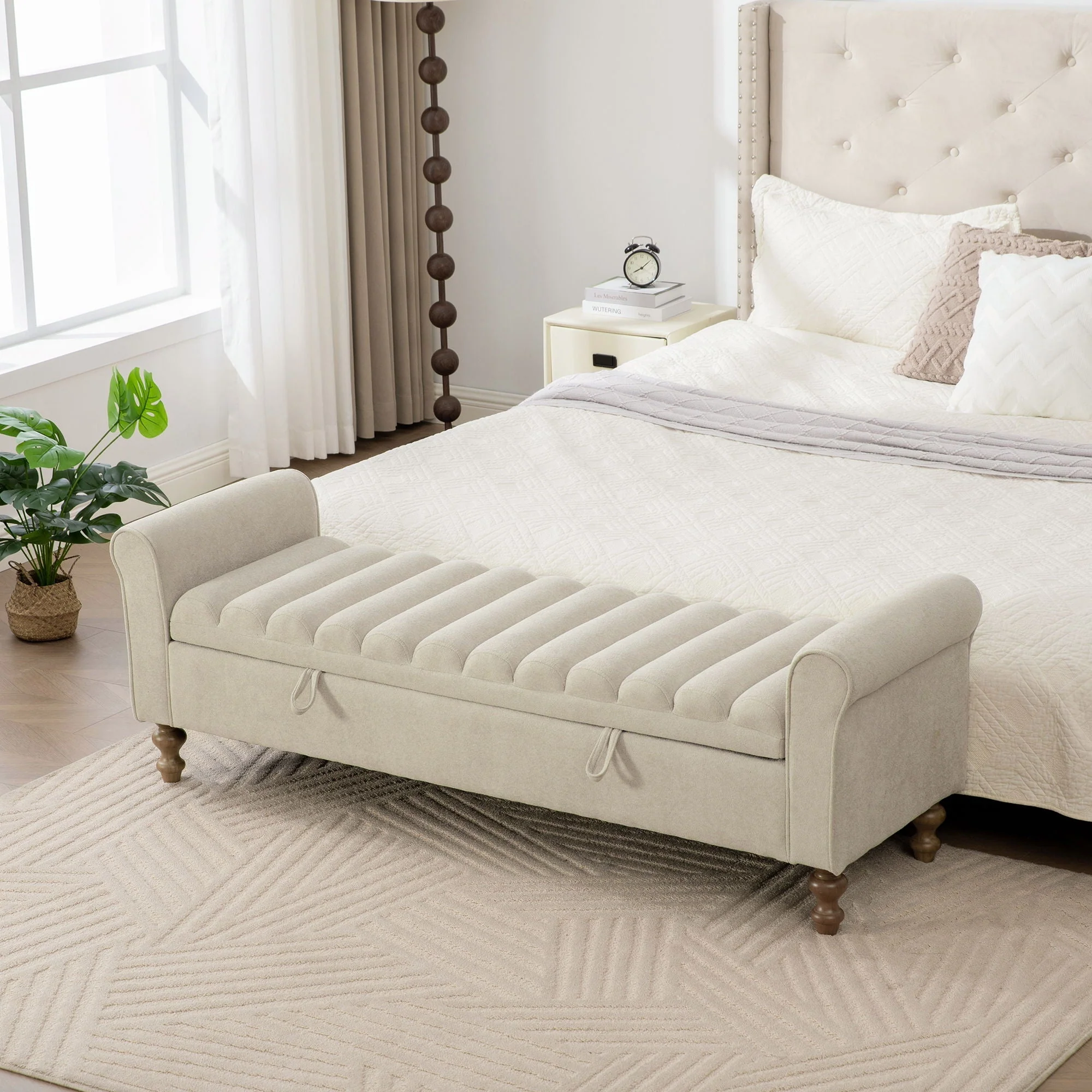 Wide Upholstered Storage Bench With Rolled Armrest For Bedroom - Griege - Image 2