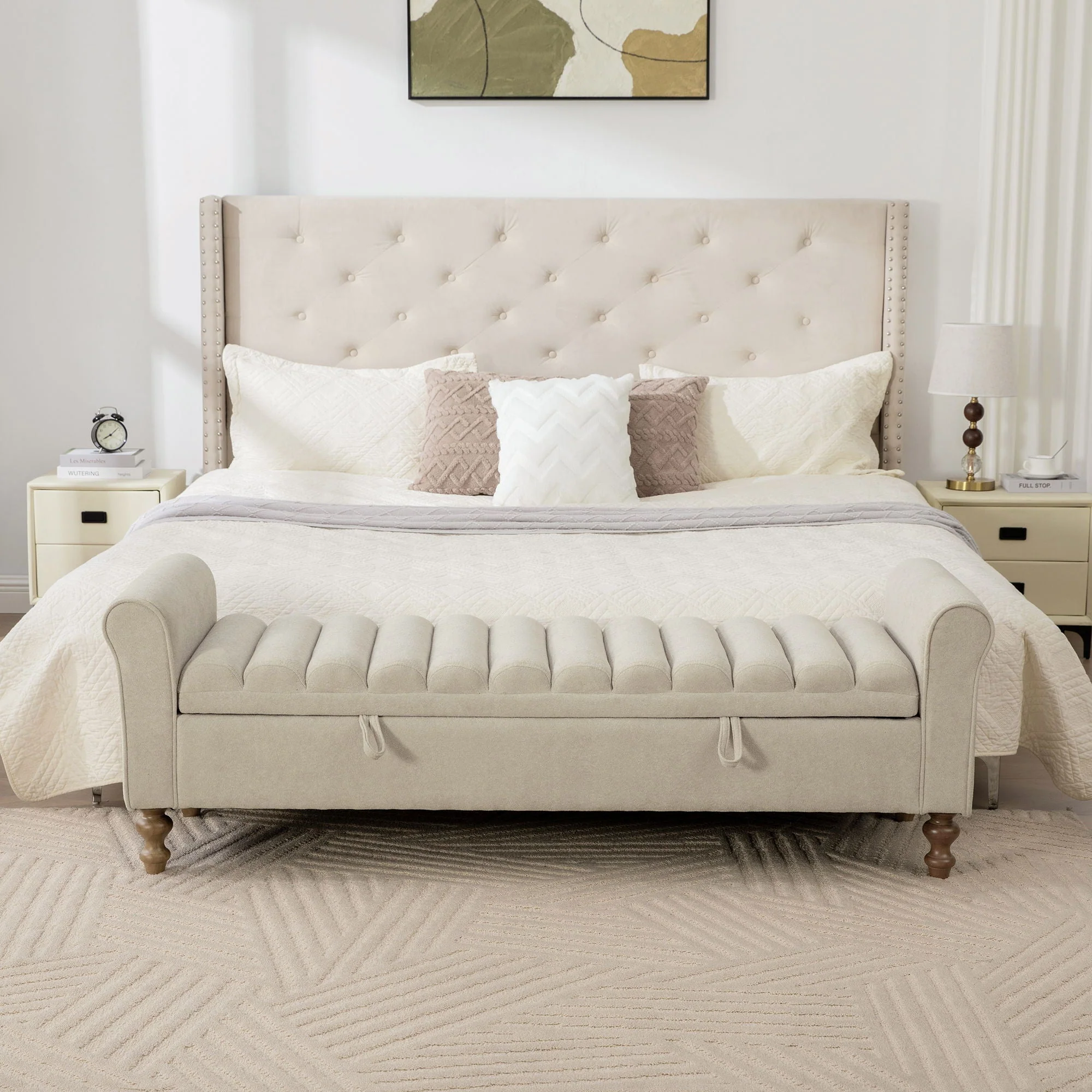 Wide Upholstered Storage Bench With Rolled Armrest For Bedroom - Griege - Image 4
