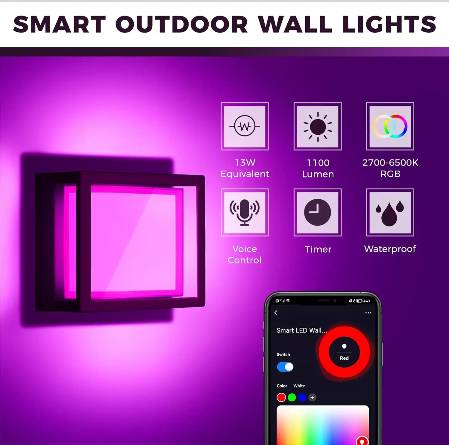 WiFi Smart Outdoor LED Wall Light RGBICW 20W Waterproof Voice Control - Image 2