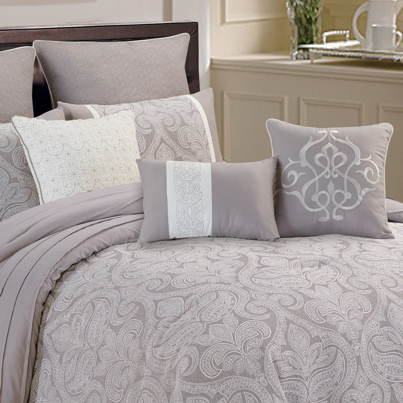 Winthrop Grey Damask Jacquard 9 Pc Comforter Set - Image 2