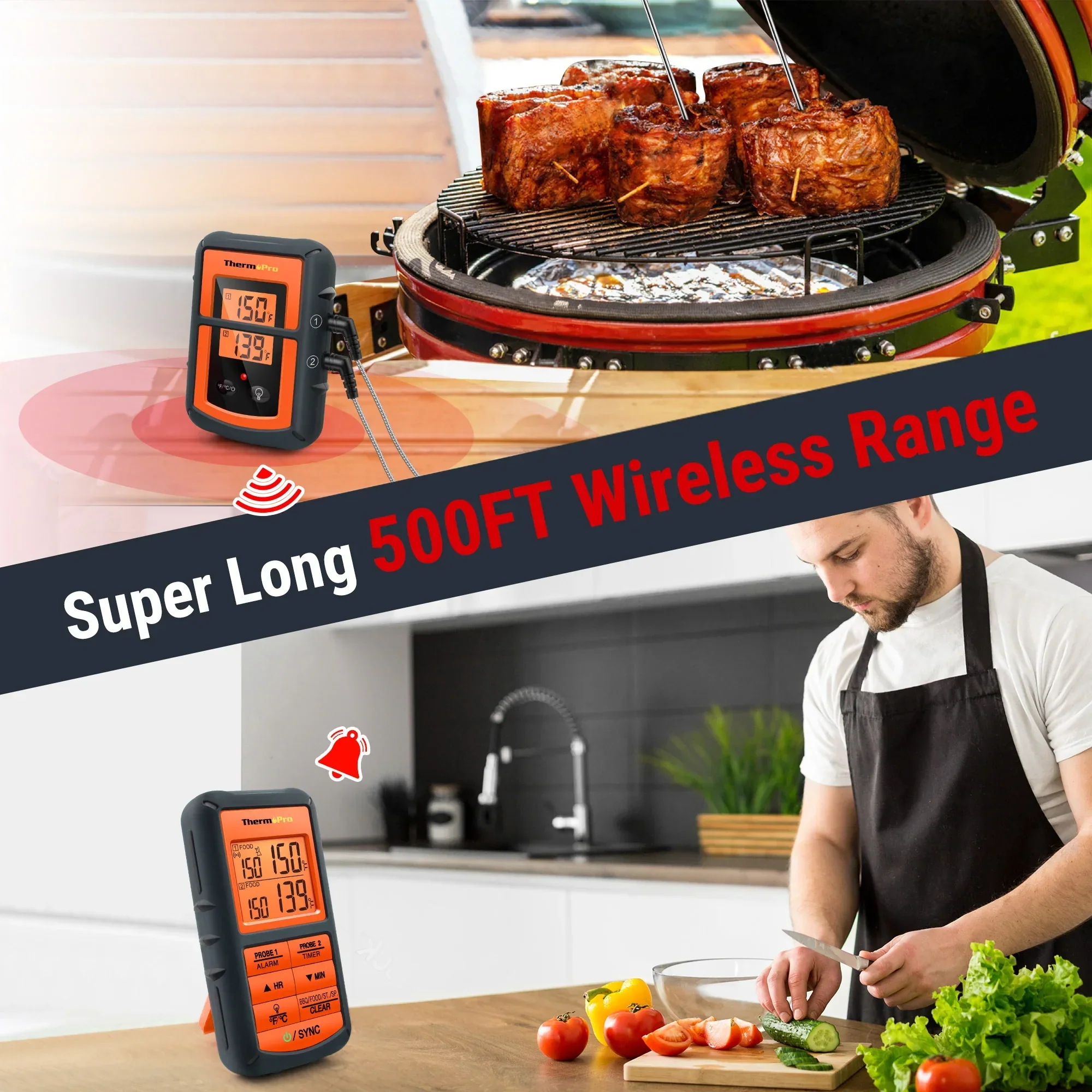 Wireless BBQ Meat Thermometer Dual Probe Backlit Long Range Grill Cooking - Image 2