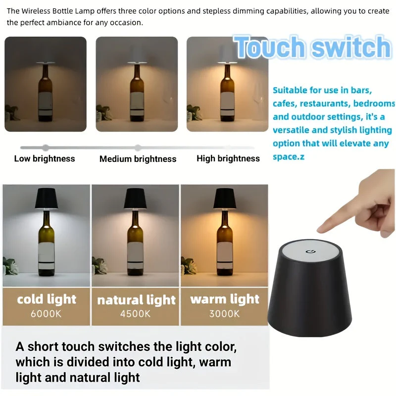 Wireless Bottle Lamp – Rechargeable 3-Color Dimmable Touch LED Light for Bars - Image 5