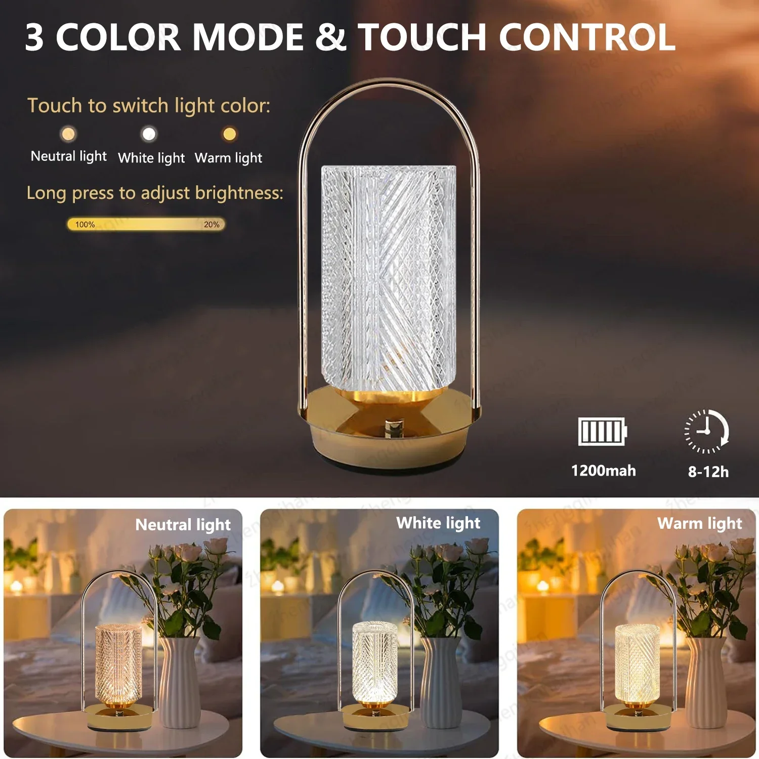 Wireless Crystal LED Table Lamp – Rechargeable Touch Night Light for Bedroom Bar - Image 2