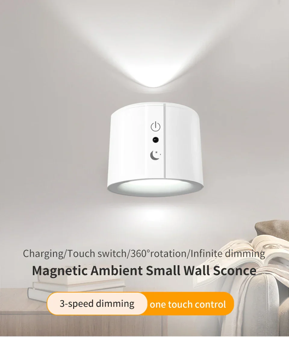 Wireless LED Wall Sconce Light 360° Rotatable Touch Control 3 Color Bedroom Lamp - Image 7