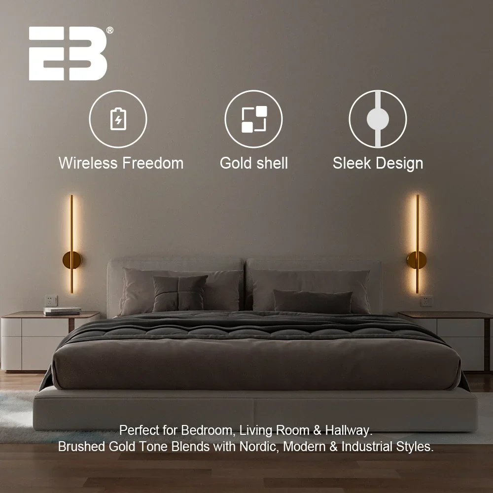 Wireless LED Wall Sconces 2 Pack USB Rechargeable Battery Gold Indoor Light - Image 5