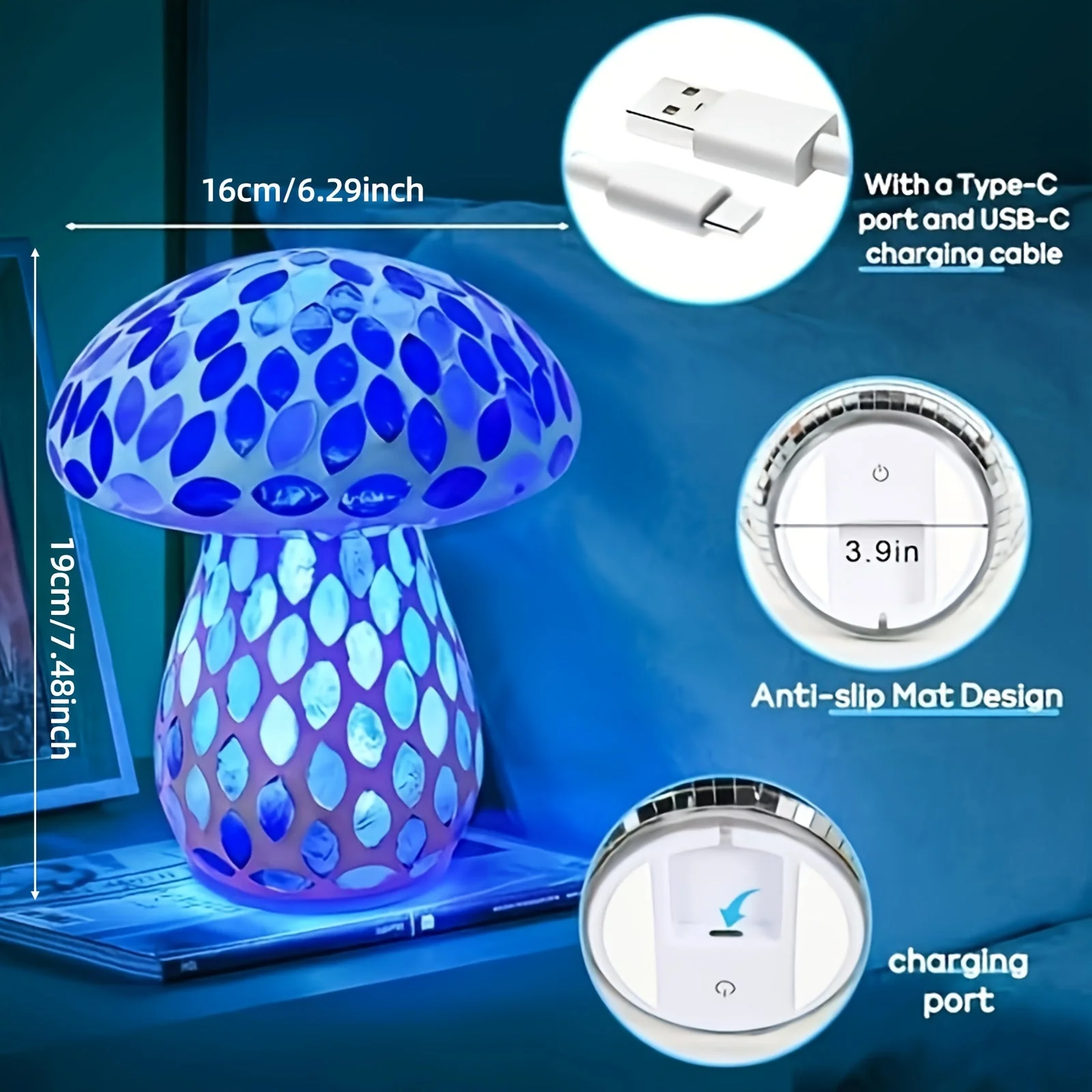 Wireless Mushroom Table Lamp - Touch Control, Rechargeable LED, Cordless - Image 3
