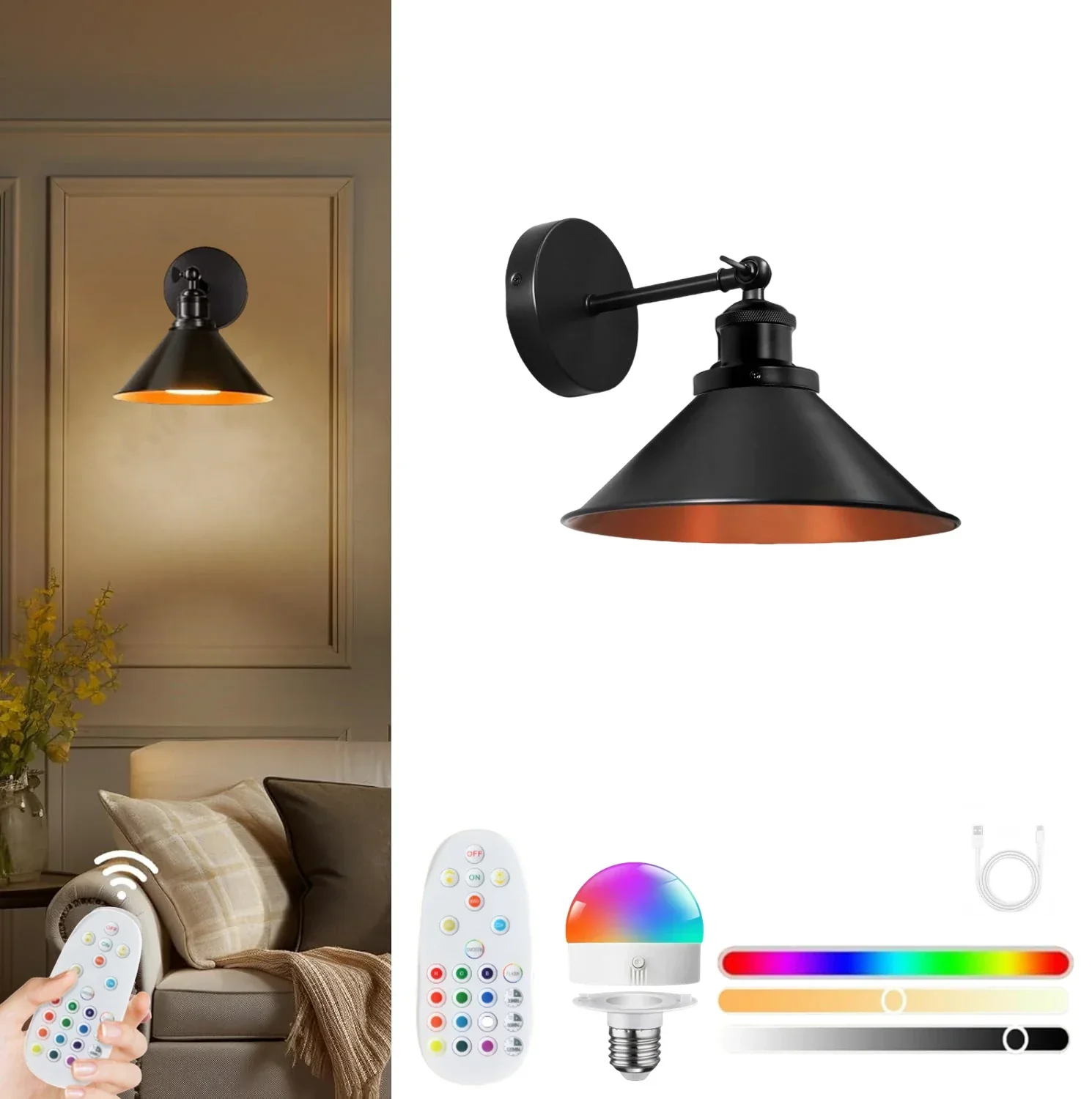 Wireless Rechargeable Wall Light Remote Control Dimmable RGB LED Lamp 15 Color - Image 10