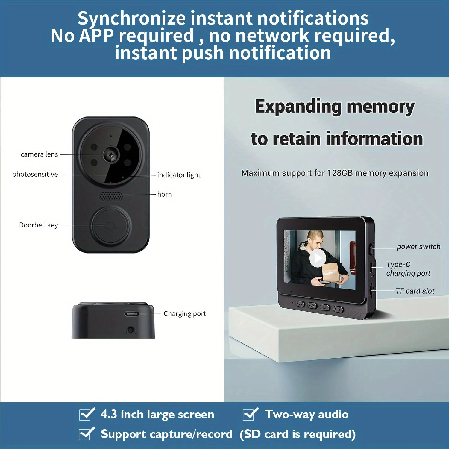 Wireless Video Doorbell with 4.3 Screen, HD Camera, Two-Way Audio & Night Vision - Image 11