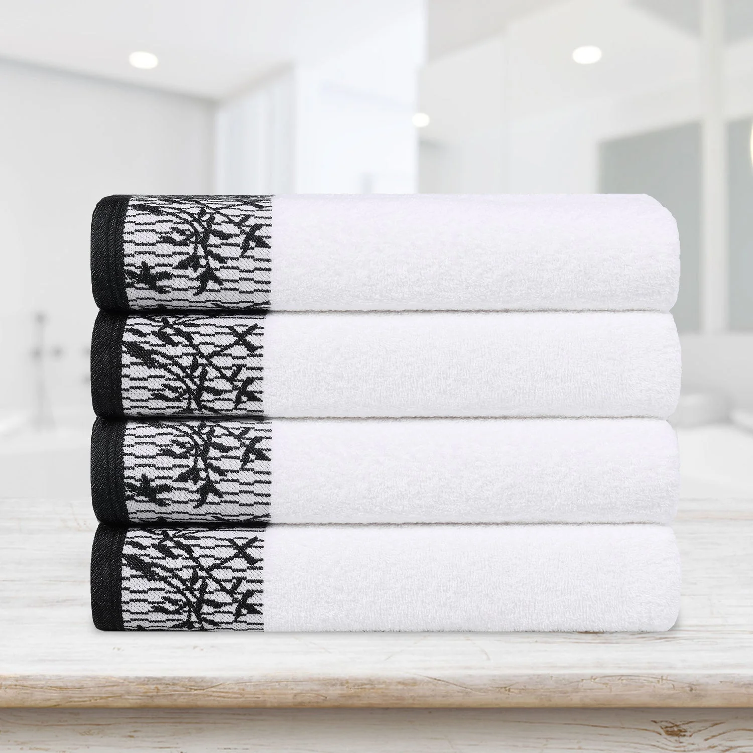 Cotton Floral Jacquard Border Bath Towel Set of 4 - Wisteria - Image 7