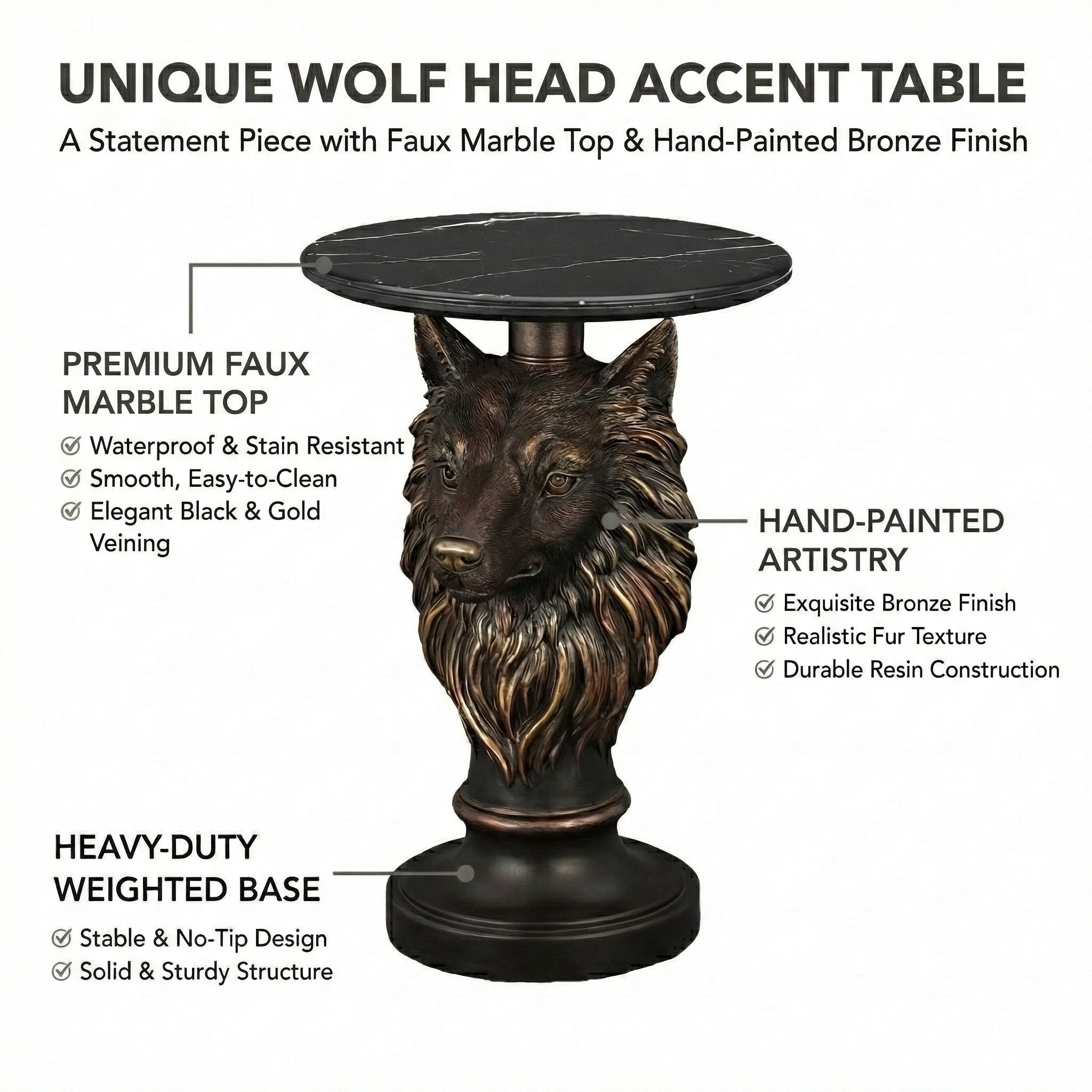 Wolf Head Accent Table Animal Statue End Tables Livingroom - Image 3