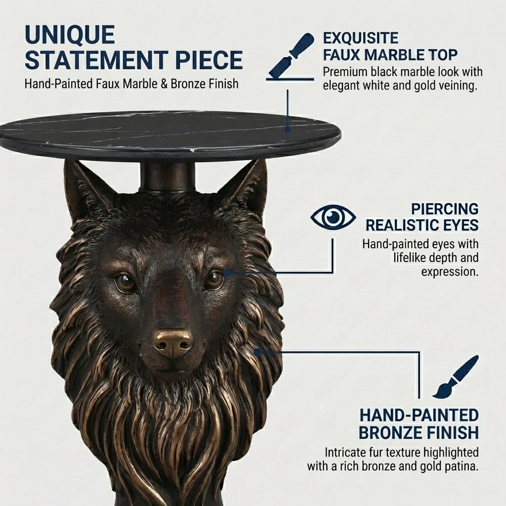 Wolf Head Accent Table Animal Statue End Tables Livingroom - Image 5