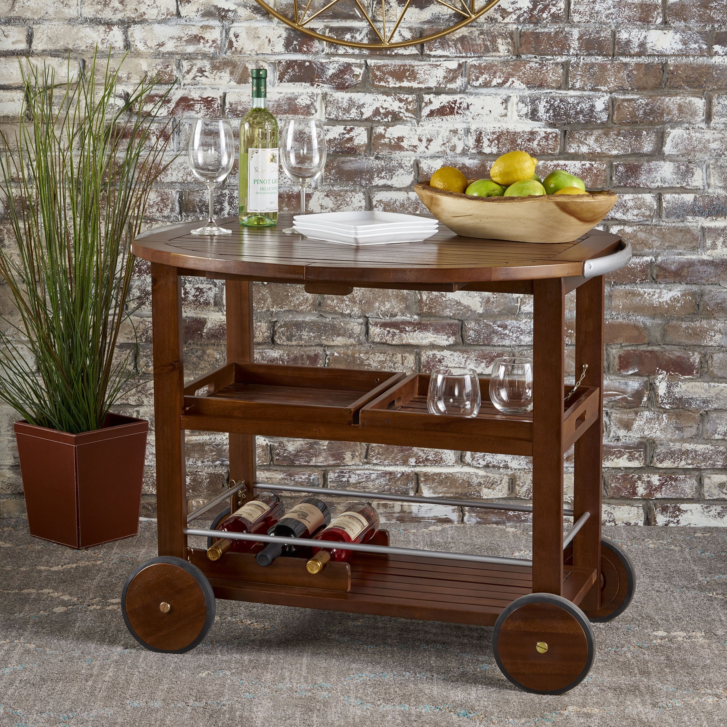 Wood and Aluminum Bar Cart with 2 Shelves, Oak and Silver - Image 2