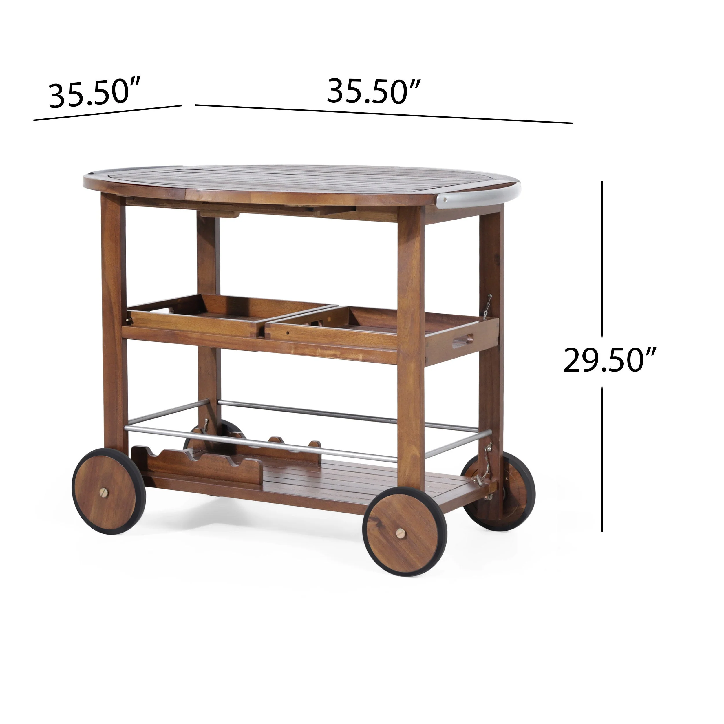 Wood and Aluminum Bar Cart with 2 Shelves, Oak and Silver - Image 3