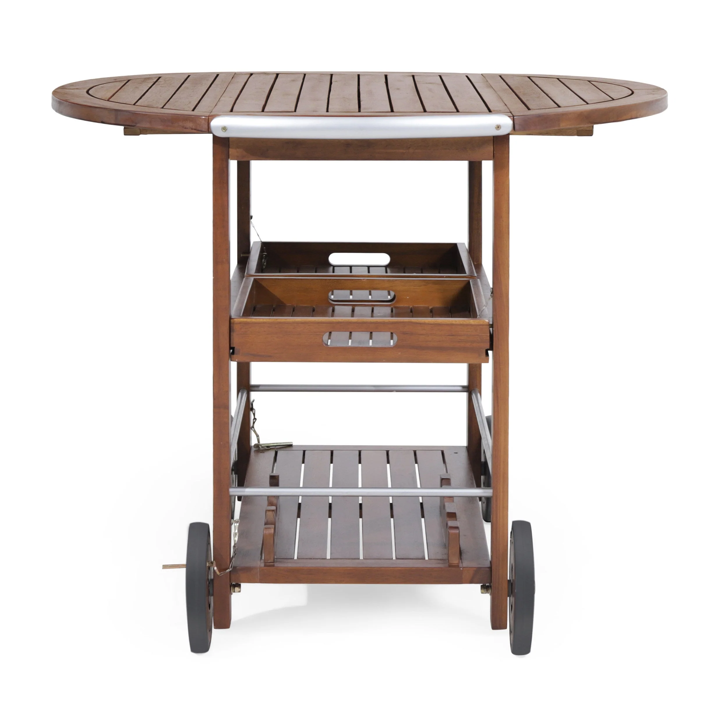 Wood and Aluminum Bar Cart with 2 Shelves, Oak and Silver - Image 4