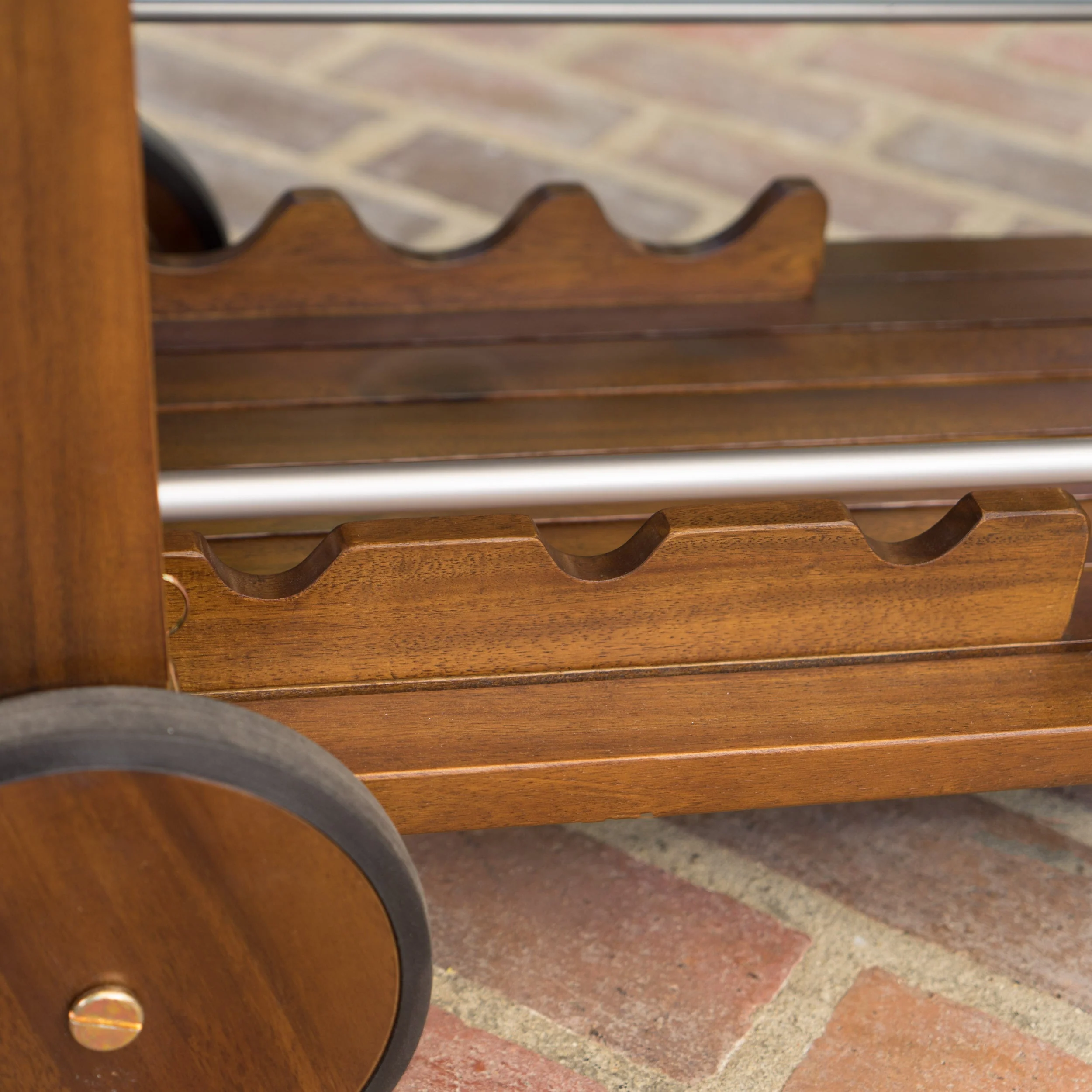Wood and Aluminum Bar Cart with 2 Shelves, Oak and Silver - Image 5