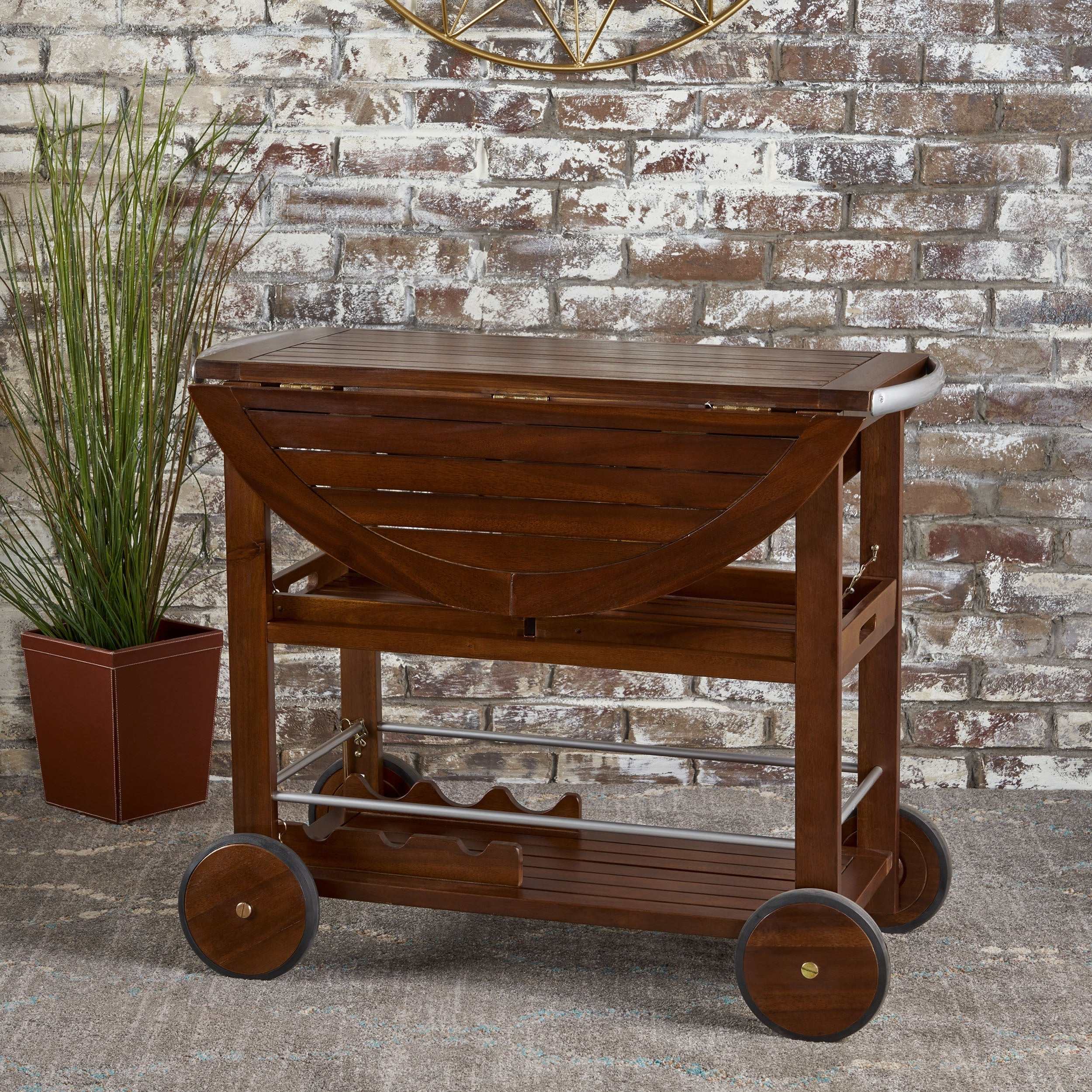 Wood and Aluminum Bar Cart with 2 Shelves, Oak and Silver - Image 6