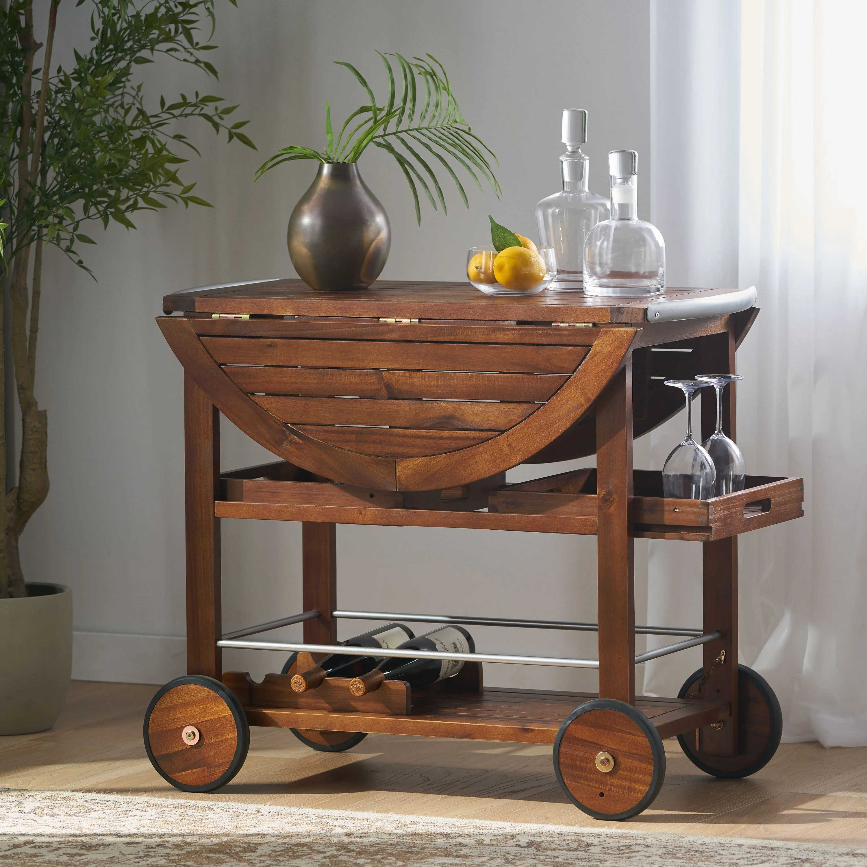 Wood and Aluminum Bar Cart with 2 Shelves, Oak and Silver - Image 7