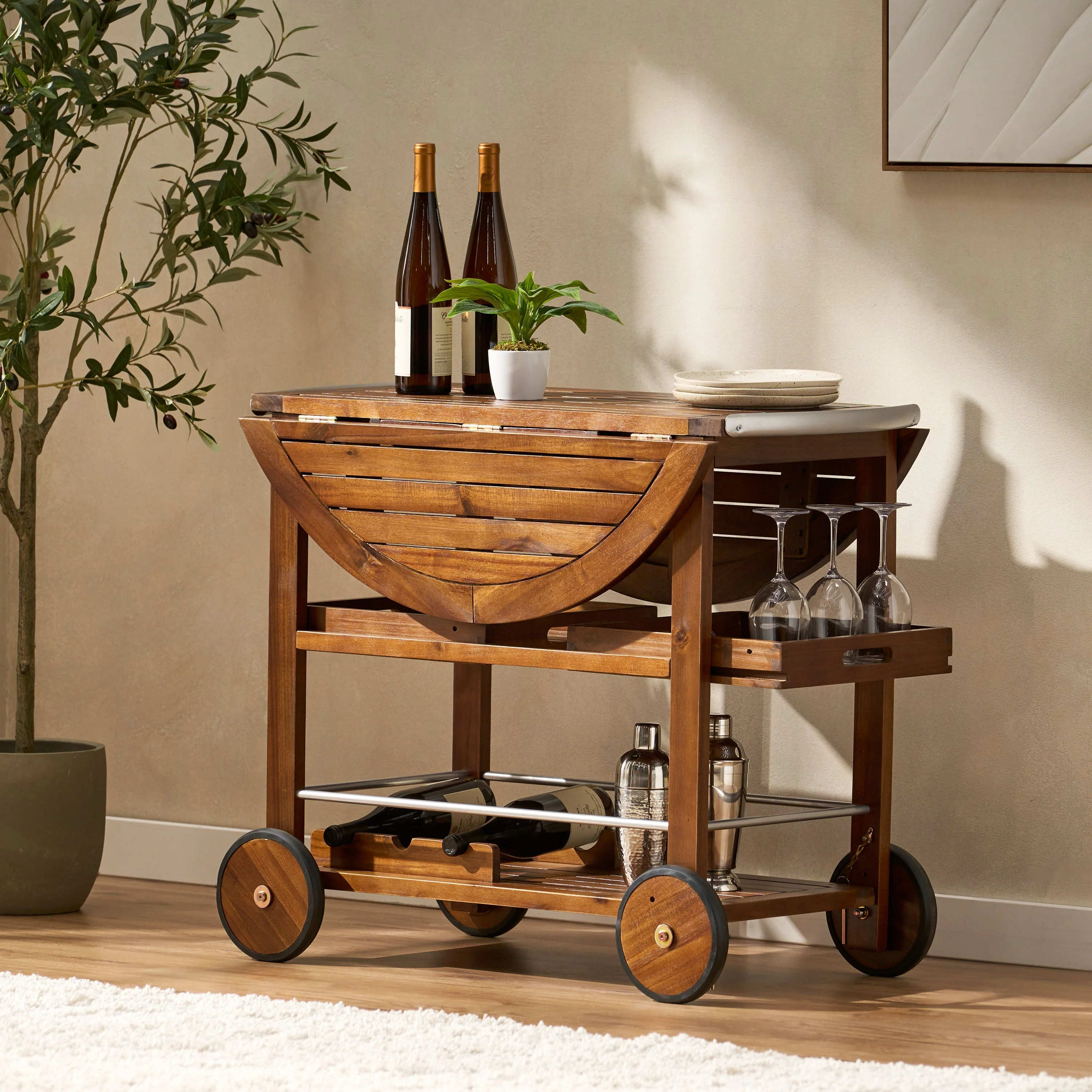 Wood and Aluminum Bar Cart with 2 Shelves, Oak and Silver - Image 8