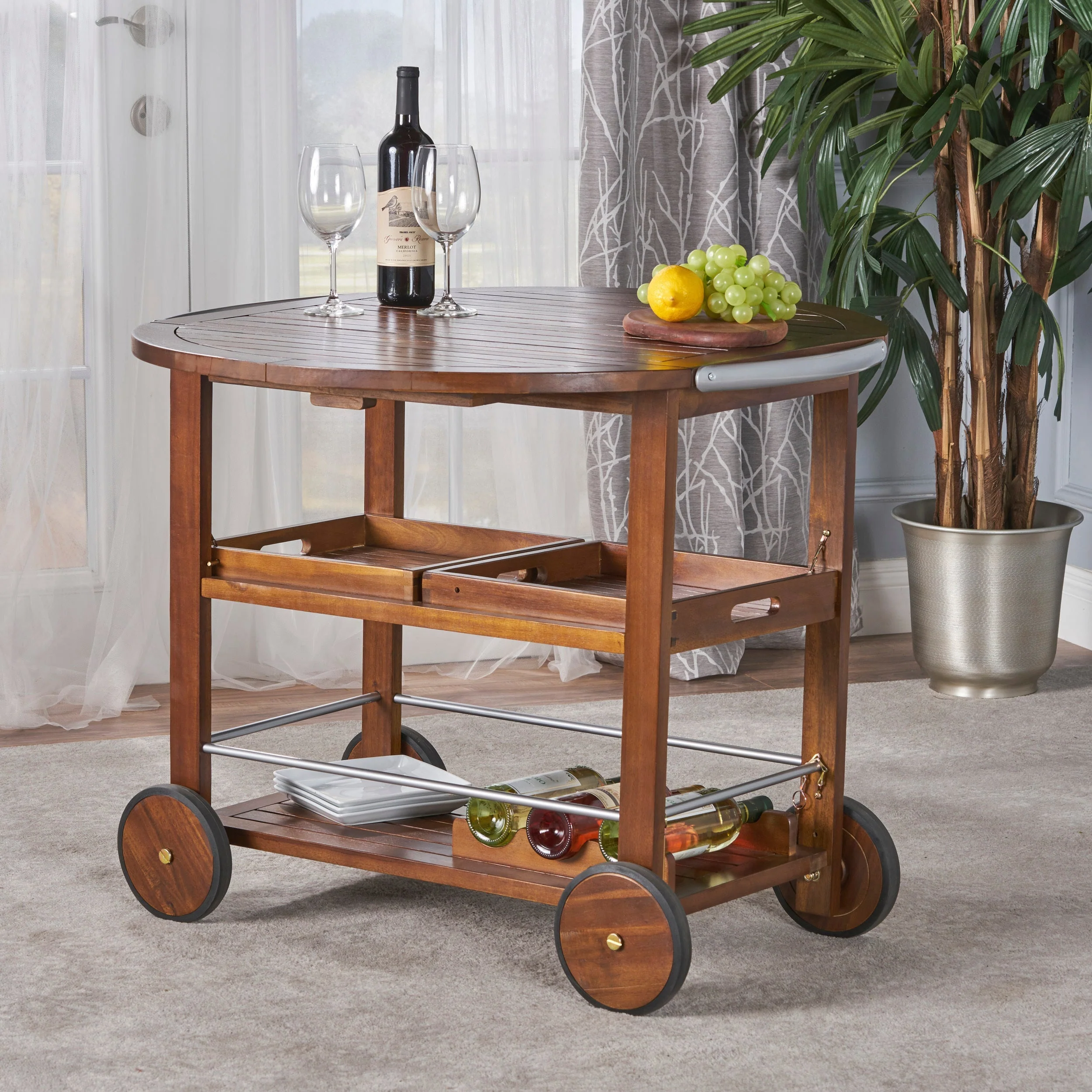 Wood and Aluminum Bar Cart with 2 Shelves, Oak and Silver - Image 9