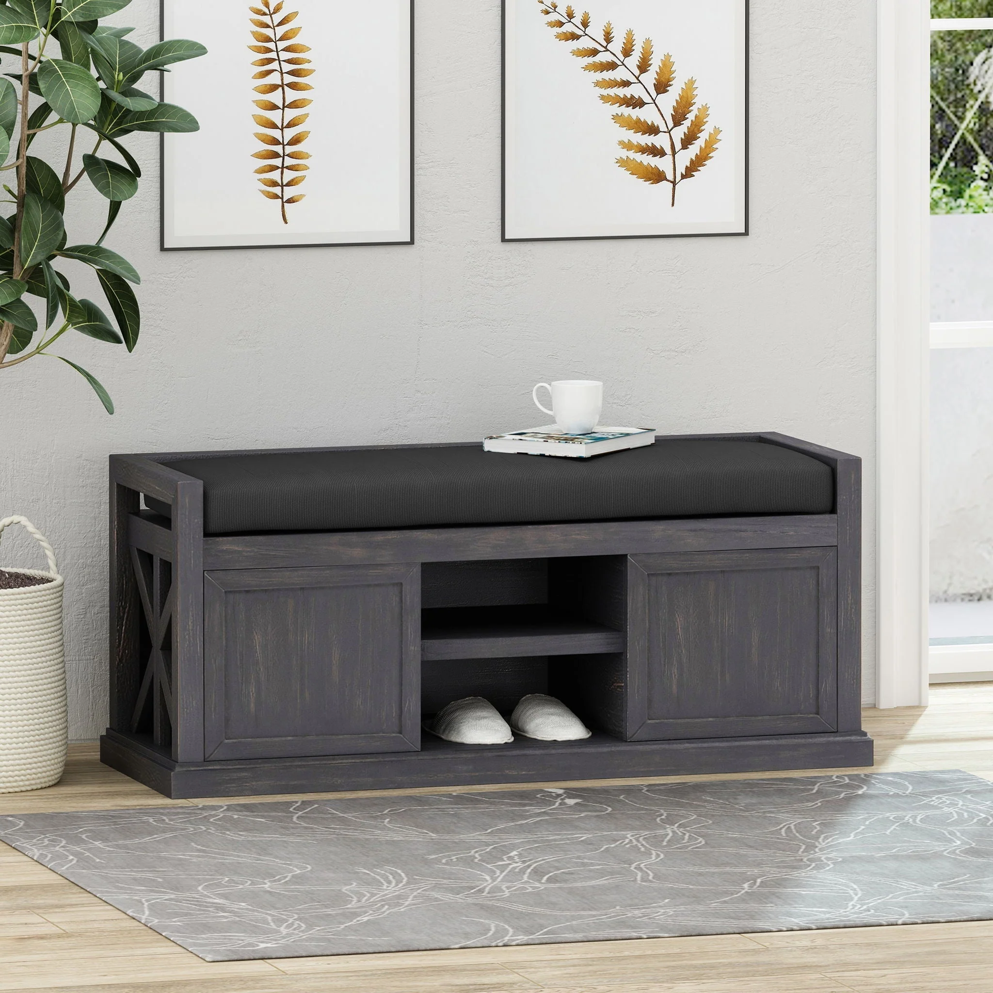 Wood Bench With 2 Open Shelves And Water Resistant Cushion - Dark Gray - Image 2