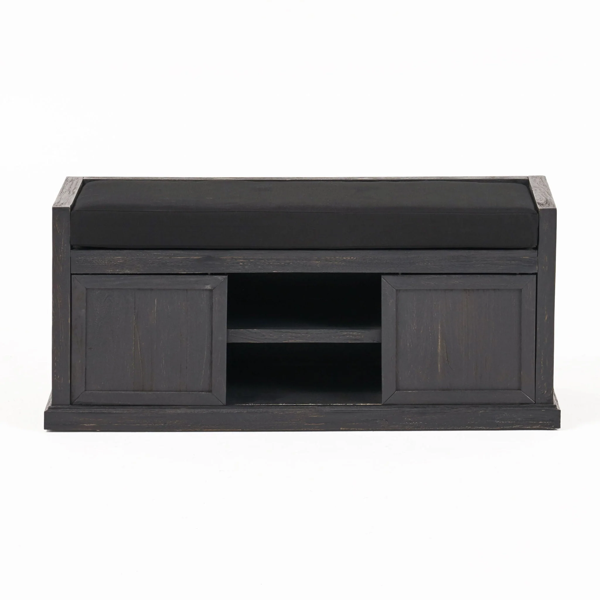 Wood Bench With 2 Open Shelves And Water Resistant Cushion - Dark Gray - Image 3