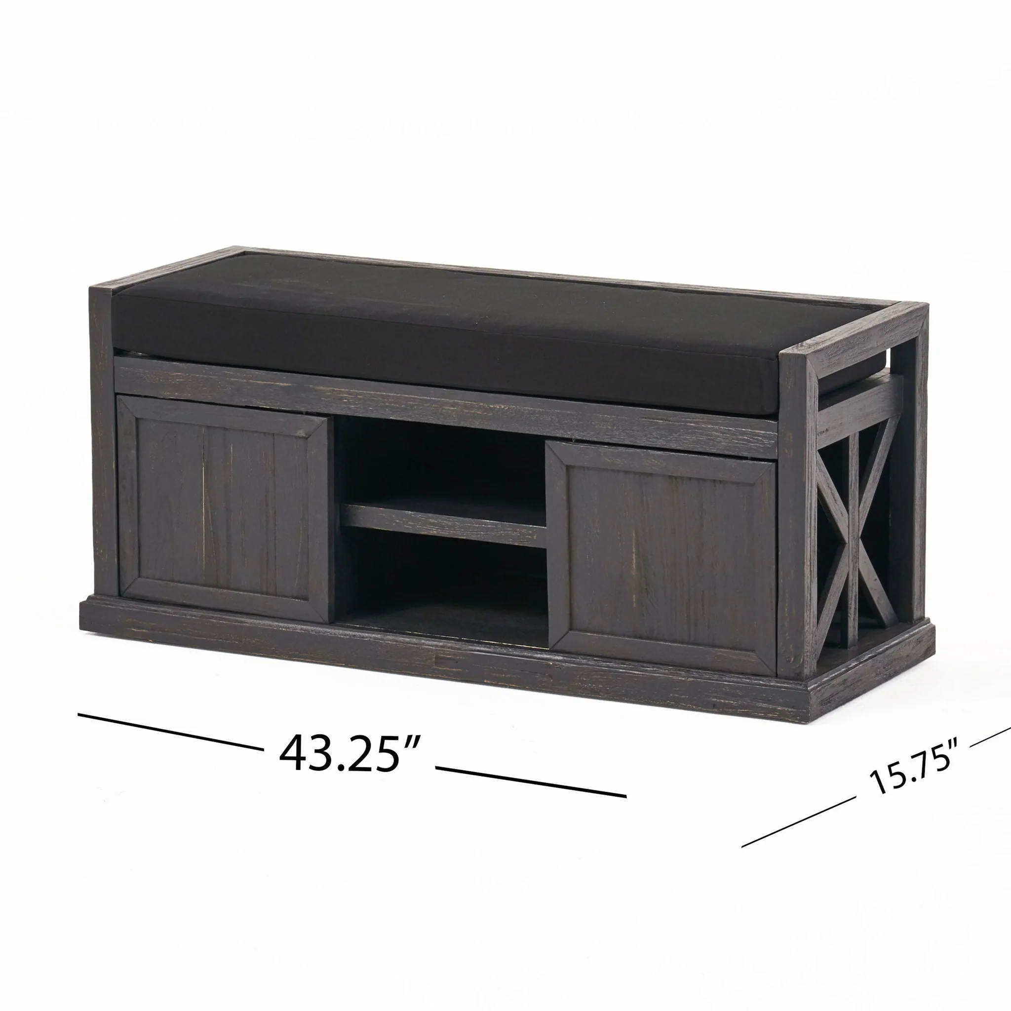 Wood Bench With 2 Open Shelves And Water Resistant Cushion - Dark Gray - Image 4