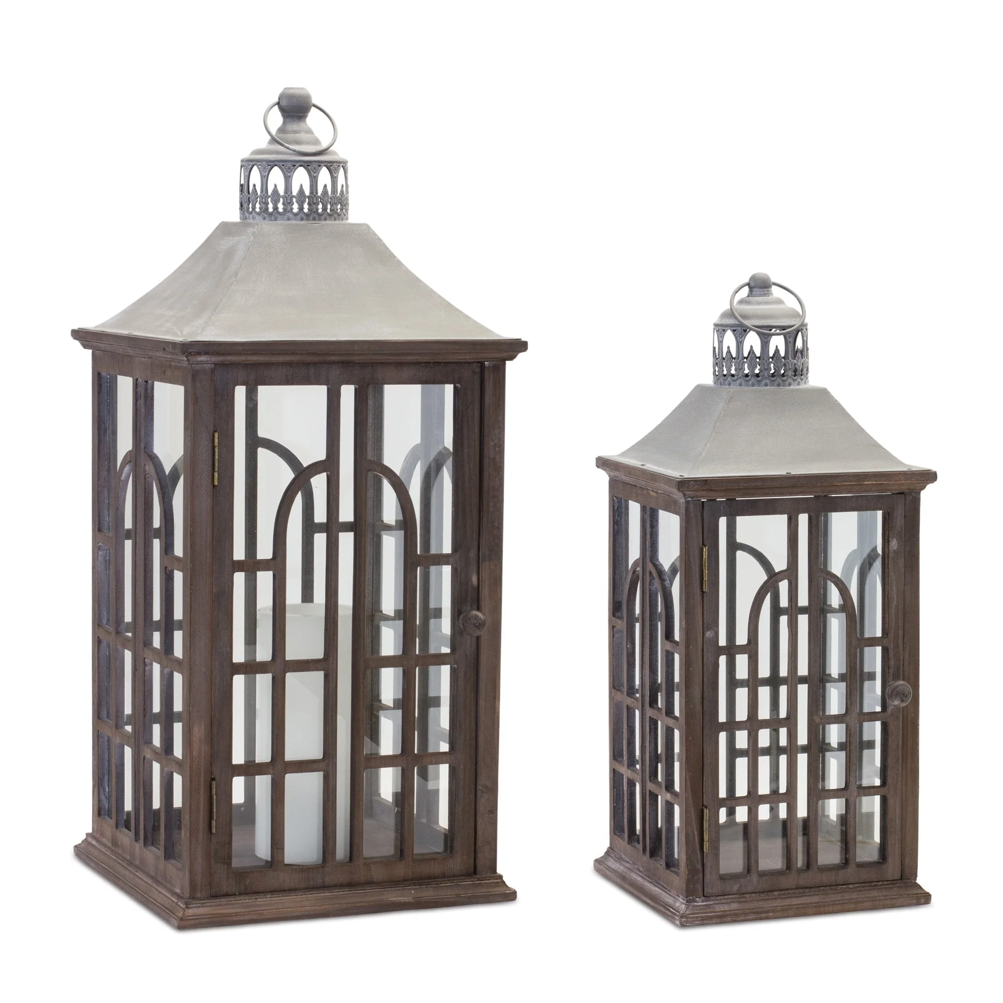 Wood lantern with metal lid (set of 2)
