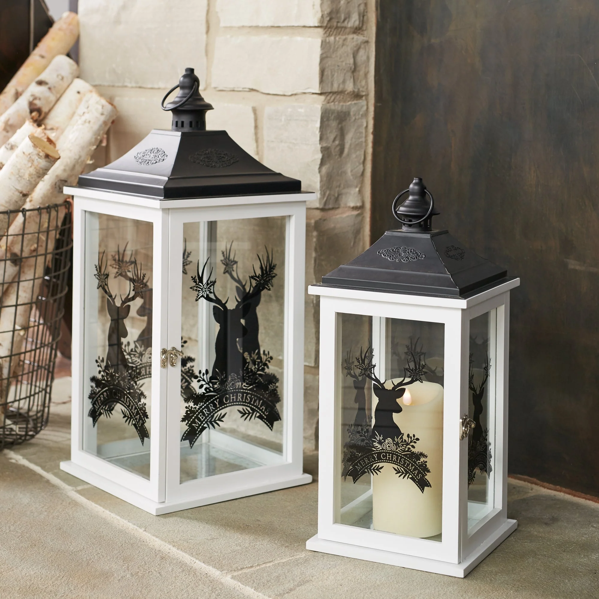 Wood Merry Christmas Lantern with Deer Design (Set of 2) - Image 3